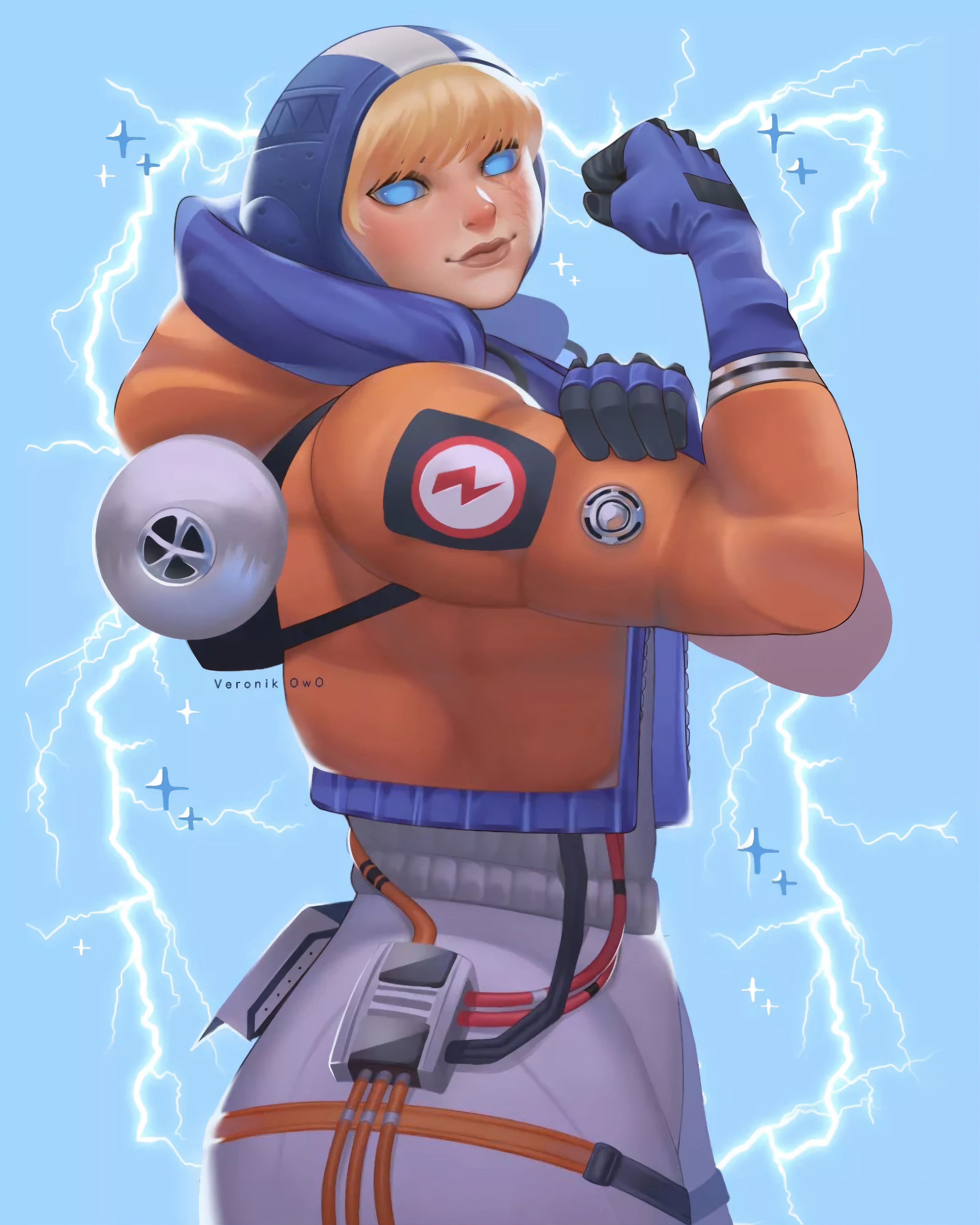apex legends, ass, belt, big ass, big butt, big hips, big thighs, blue eyes, blush, bottom heavy, bubble ass, bubble butt, electricity, female, gigantic ass, gigantic butt, huge ass, huge butt, jumpsuit, lichtenberg figure, looking at another, outgrowing clothes, scar, simple background, skin tight, stretched clothing, thick, thick ass, thick hips, thick legs, thick thighs, tight clothes, tight clothing, tight pants, tights, veronik, viewed from behind, wattson (apex legends), wholesome