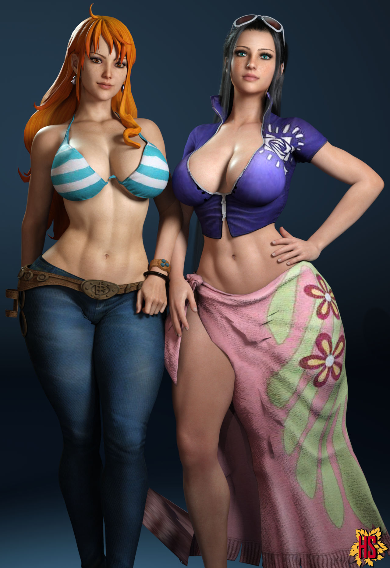 2girls, 3d, big breasts, bikini, bikini top, black hair, blue eyes, breasts, eyewear on head, female, female only, fully clothed, hagiwara studio, jeans, large breasts, lipstick, long hair, looking at viewer, nami (one piece), nico robin, one piece, orange hair, orange-haired female, pants, post-timeskip, striped bikini, sunglasses on head, tattoo
