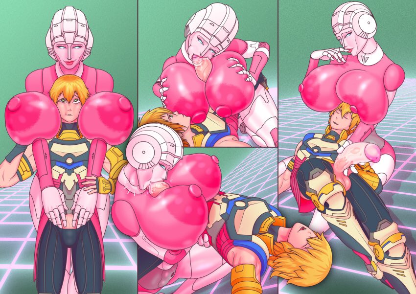 1boy, 1girls, arcee, arcee (g1), big breasts, big penis, blowjob, breast smother, breasts, female, head between breasts, human, larger female, looking pleasured, male, masturbation, oral, oral sex, paizuri, penis, penis between breasts, robot, robot girl, size difference, smaller male, smothering, straight, transformers, transformers g1, unknown artist