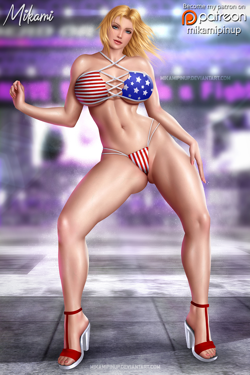 1girls, american flag, american flag bikini, bikini, blonde hair, blue eyes, breasts, dead or alive, female, female only, fit, fit female, high heels, huge breasts, medium hair, mikamipinup, solo, swimsuit, tina armstrong, voluptuous