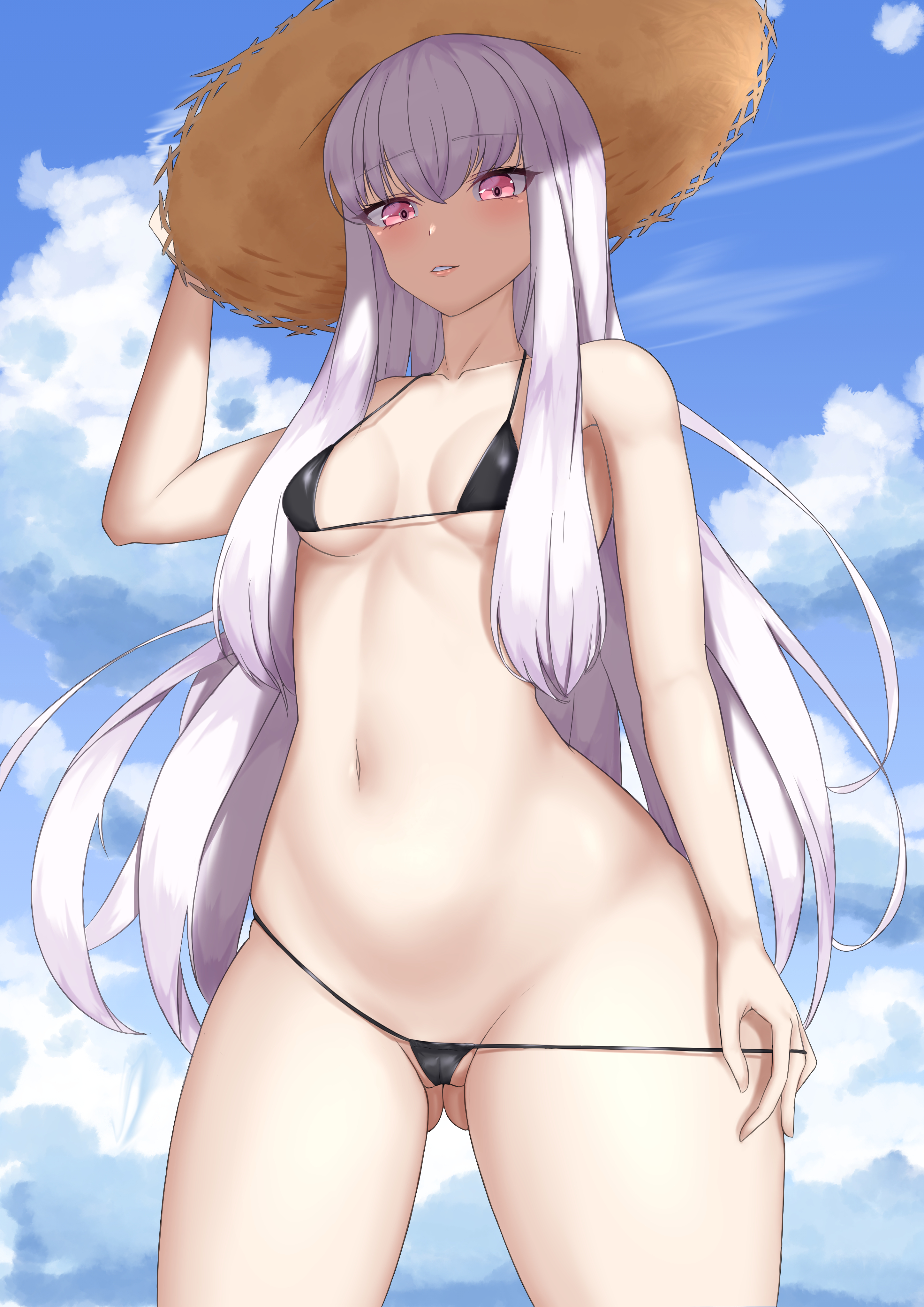 1girls, alternate costume, ass visible through thighs, bangs, bare thighs, belly, belly button, bikini, black bikini, black swimsuit, breasts, female, female only, fire emblem, fire emblem: three houses, from below, g syaren, grin, hat, long hair, looking at viewer, looking down, lysithea von ordelia, medium breasts, micro bikini, midriff, navel, nintendo, outdoors, sharen, sideboob, smile, solo, straw hat, sun hat, swimsuit, thighs, underboob, undressing, very long hair, white hair