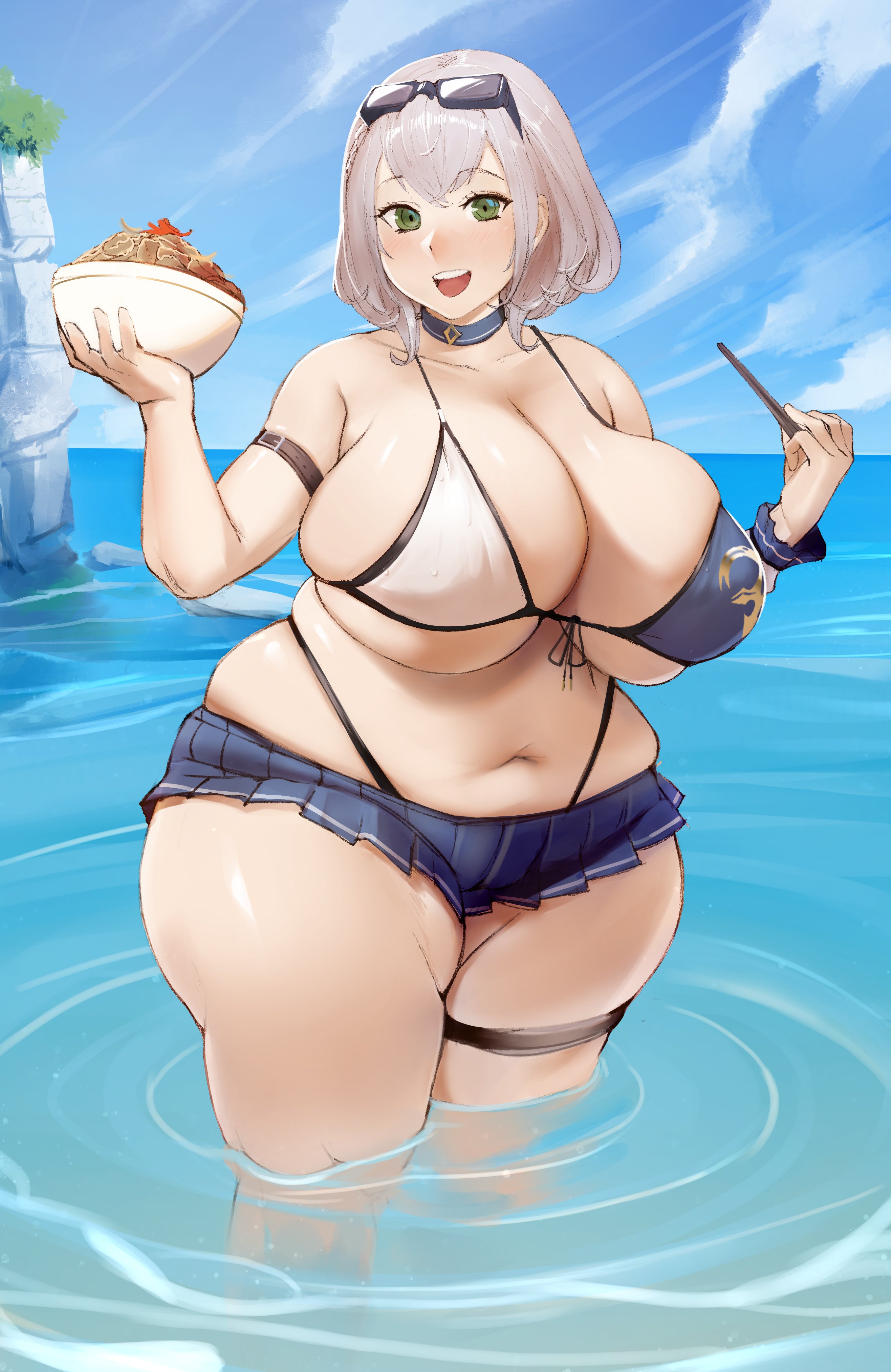ass, bamboo ale, bbw, beach, bikini, bikini top, blue sky, blush, breasts, clothing, fat, fat folds, female, female only, food, highres, hololive, hololive fantasy, hololive japan, huge ass, huge breasts, looking at viewer, medium hair, noel ch., obese, overweight, overweight female, shirogane noel, sky, solo, solo female, swimsuit, virtual youtuber, water, white hair bow