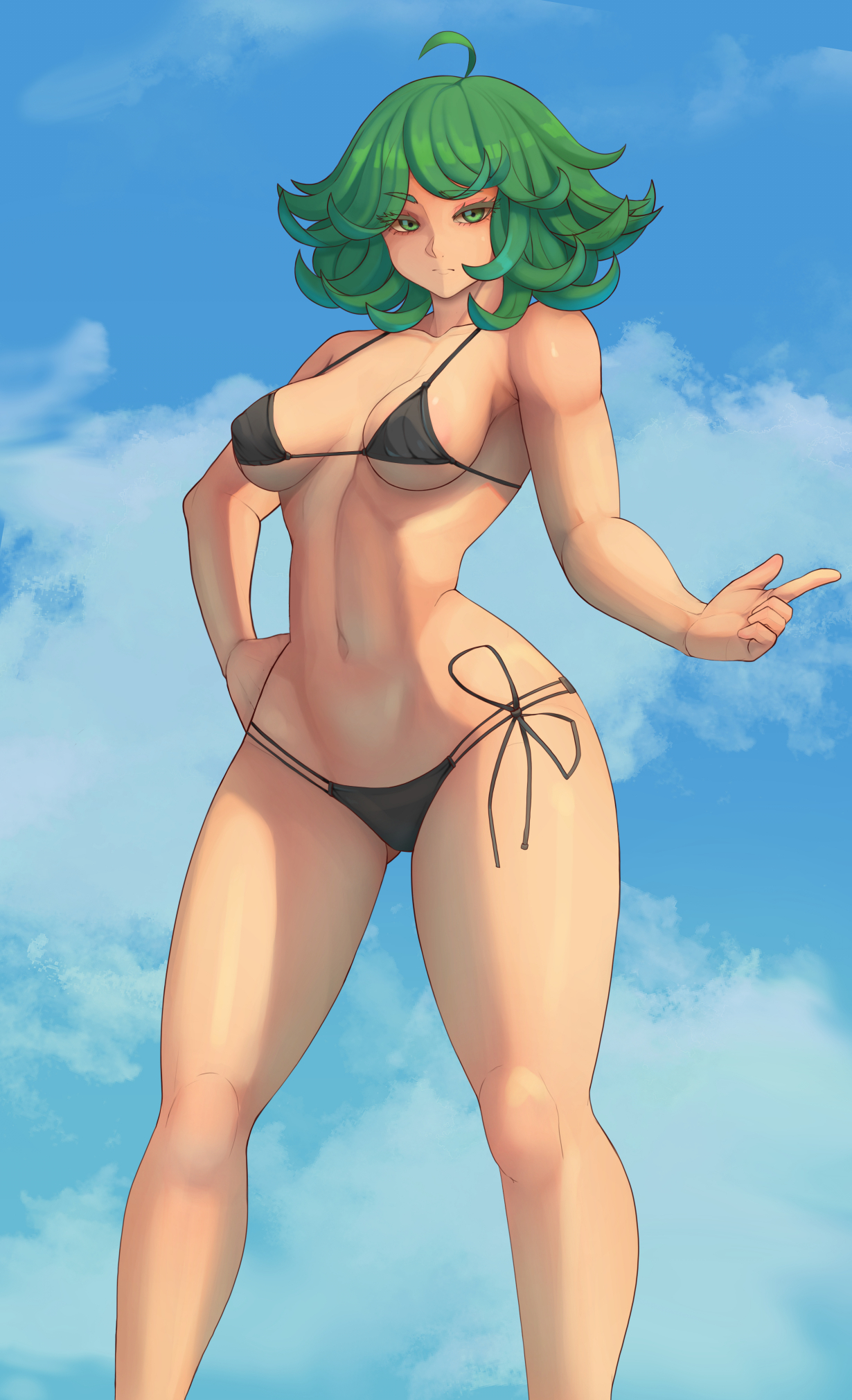 1girls, bikini, eye contact, female, female focus, female only, green eyes, green hair, lixiart, looking at viewer, one-punch man, short hair, solo, tatsumaki, thick thighs, thighs