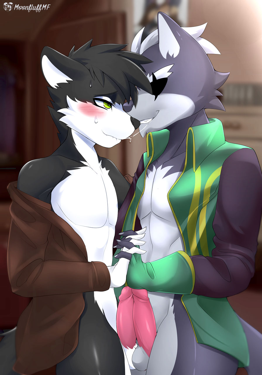 anthro black_body black_fur blurred_background blush blush_lines bodily_fluids closed_smile duo embrace erection eye_patch eyewear fur genitals girly grey_body grey_fur hand_holding hi_res hug kissing looking_at_another looking_at_partner looking_pleasured male male/male moonfluffmf nintendo penis pressed_against_balls pressed_against_penis saliva saliva_string sex slim star_fox sweat video_games white_body white_fur wolf_o'donnell