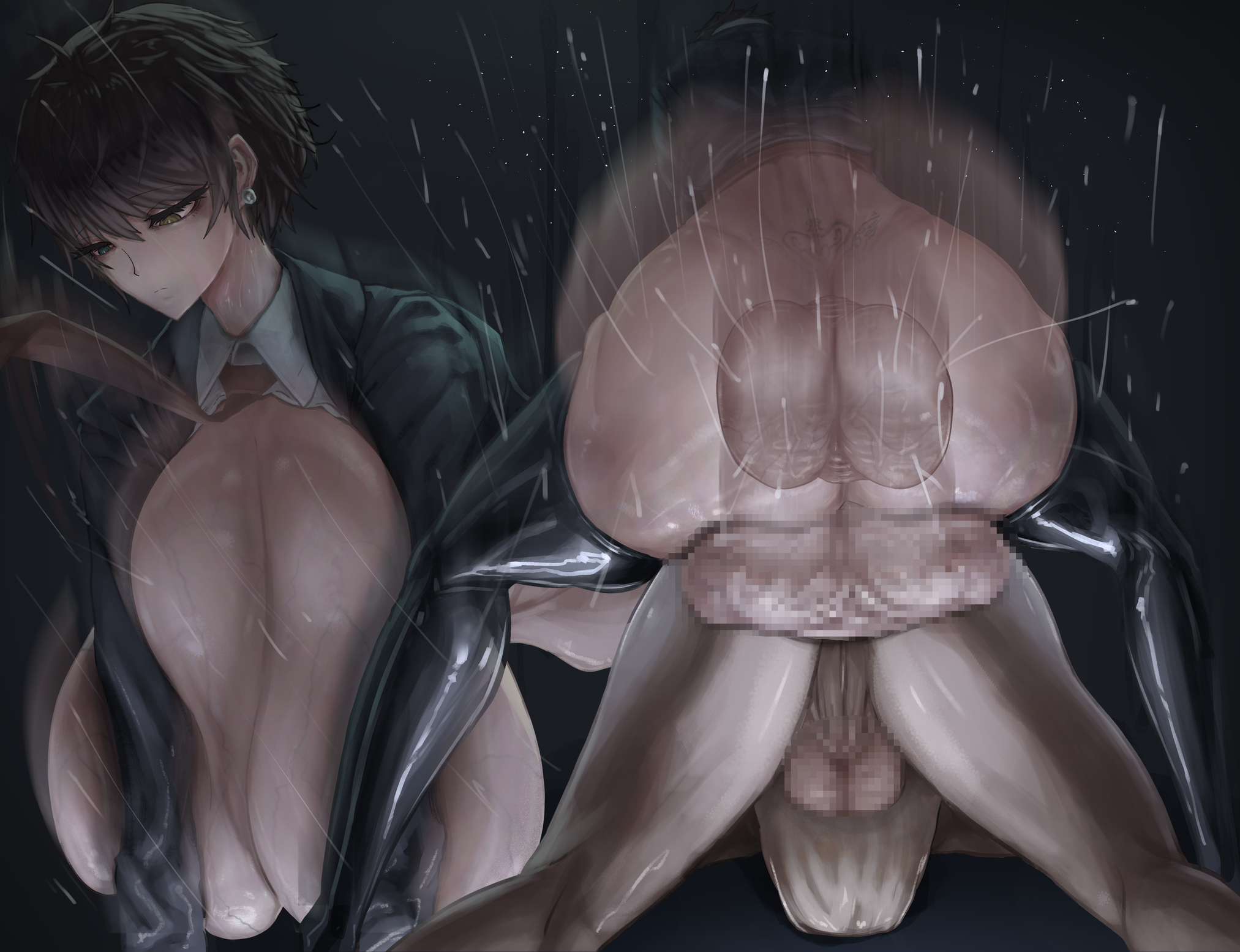 1boy, 1futa, anal, anal insertion, anal sex, ass, balls, big ass, bottomless, breasts, canvassolaris, censored, chocolate and vanilla, clothing, dark skin, dark-skinned male, dark-skinned sub, doggy style, earrings, expressionless, femboy, futa is bigger, futa on male, futadom, futanari, huge ass, huge balls, huge breasts, huge cock, interracial, intersex, legwear, light-skin, light-skinned futanari, long legs, male, messy, mostly clothed, motion blur, motion lines, penis, rough sex, shiny skin, short hair, sweat, tattoo, thick thighs, thighhighs, veins, veiny, veiny breasts, veiny penis, white is bigger, wide hips
