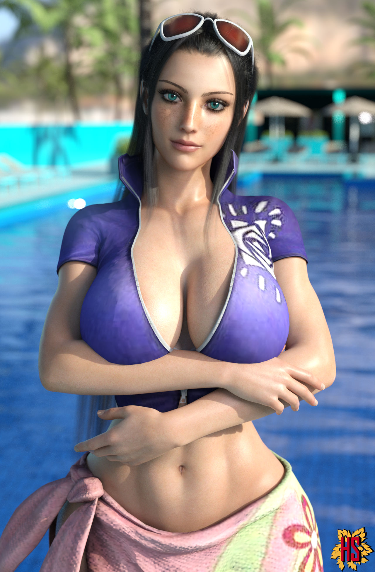 3d, arms crossed, big breasts, black hair, blue eyes, breasts, eyewear on head, female, female only, hagiwara studio, large breasts, lipstick, looking at viewer, nico robin, one piece, pool, sarong, sunglasses, sunglasses on head
