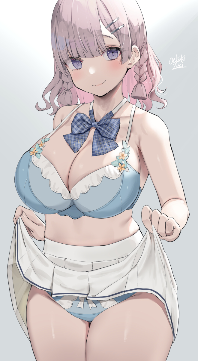 1girls, 2022, artist signature, blue bra, blue panties, blush, bra, breasts, female, female only, hips, huge breasts, lavender hair, long hair, looking at viewer, oekakizuki, original, original character, panties, purple eyes, simple background, skirt lift, smile, thick thighs, thighs, wholesome, wide hips