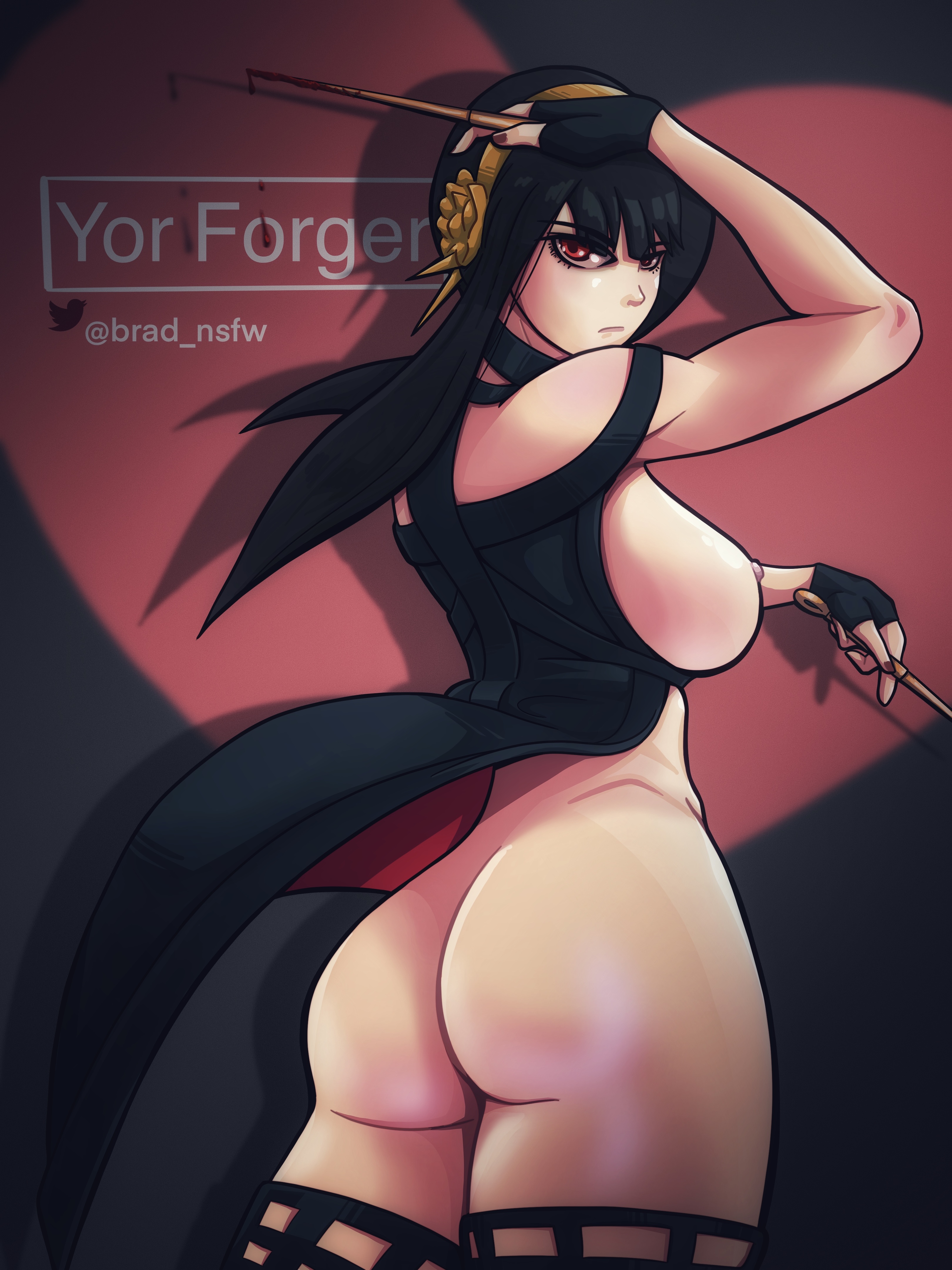 artist name, artist signature, ass, assassin, blood, brad nsfw, breasts, bubble ass, bubble butt, fanart, female, gloves, goth, hairband, knife, spy x family, stiletto (weapon), thighhighs, thorn princess, yor briar