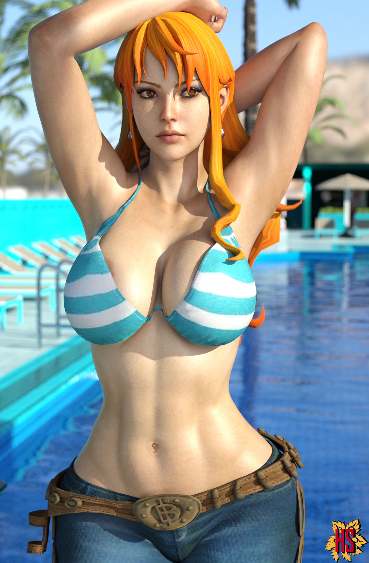 1girls, 3d, beach, bikini, bikini top, breasts, female, female only, hagiwara studio, jeans, large breasts, long hair, looking at viewer, nami (one piece), one piece, orange hair, orange-haired female, pants, solo, striped bikini, tattoo