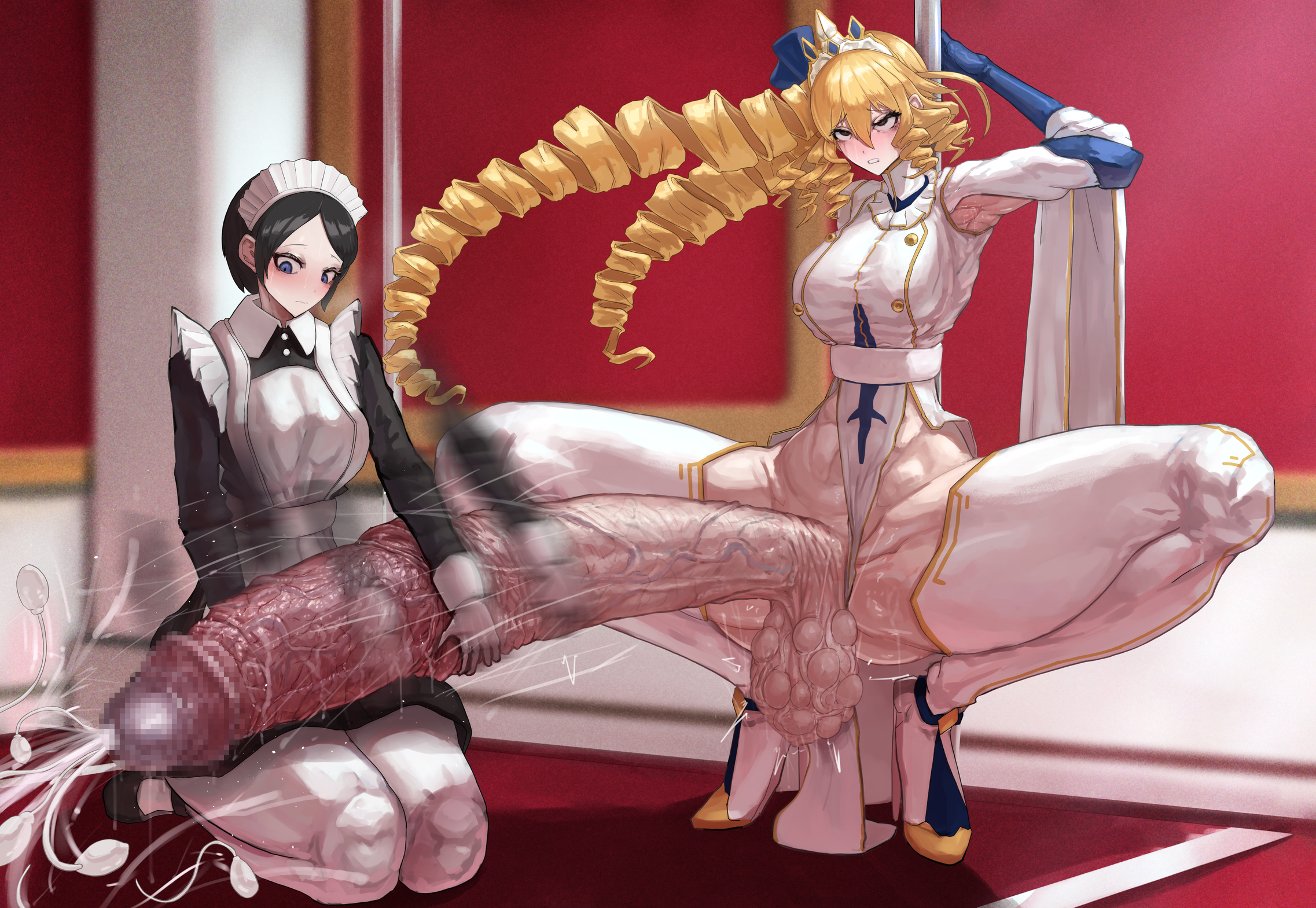 1futa, 1girls, balls, bottomless, breasts, canvassolaris, censored, clothed, clothing, cum, cumshot, duo, ejaculation, female, foreskin, fully clothed, futanari, giant sperm, handjob, huge balls, huge breasts, huge cock, human, hyper, hyper penis, hyper sperm, intersex, light skin, light-skinned female, light-skinned futa, long penis, maid, orgasm, partially clothed, penis, smegma, smell, sperm cell, uncircumcised, veins, veiny, veiny penis