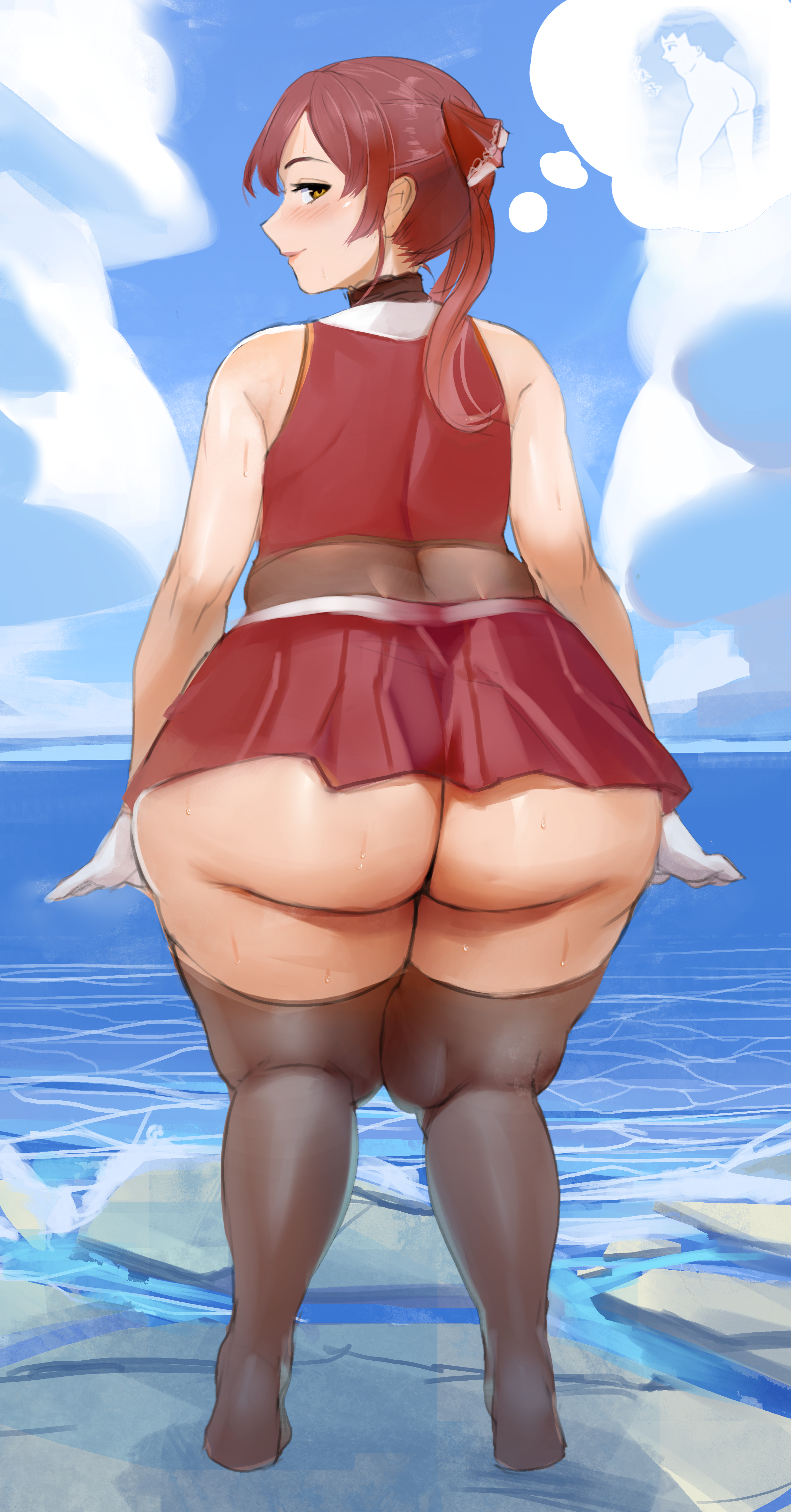 1girls, absurdres, ass, bamboo ale, big ass, blush, blushing, blushing at viewer, female, from behind, highres, hololive, hololive fantasy, hololive japan, houshou marine, huge ass, looking at viewer, looking back, ocean, plump, red hair, seductive, seductive look, skirt, sky, smile, solo, solo female, thick thighs, thighhighs, thighs, twintails, virtual youtuber, water, wet, when you see it, wide hips, yellow eyes