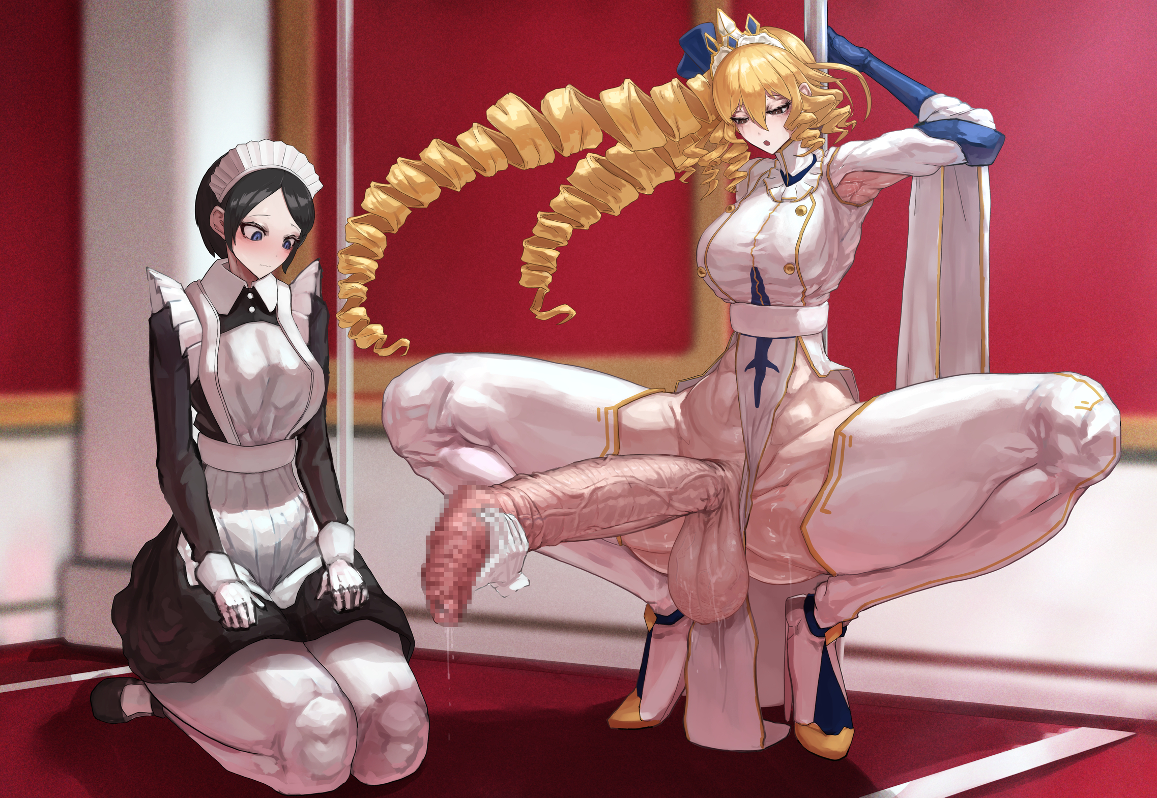 1futa, 1girls, balls, bottomless, breasts, canvassolaris, censored, clothed, clothing, duo, female, foreskin, fully clothed, futanari, handjob, huge balls, huge breasts, huge cock, human, hyper, intersex, light skin, light-skinned female, light-skinned futa, long penis, maid, partially clothed, penis, uncircumcised, veins, veiny, veiny penis