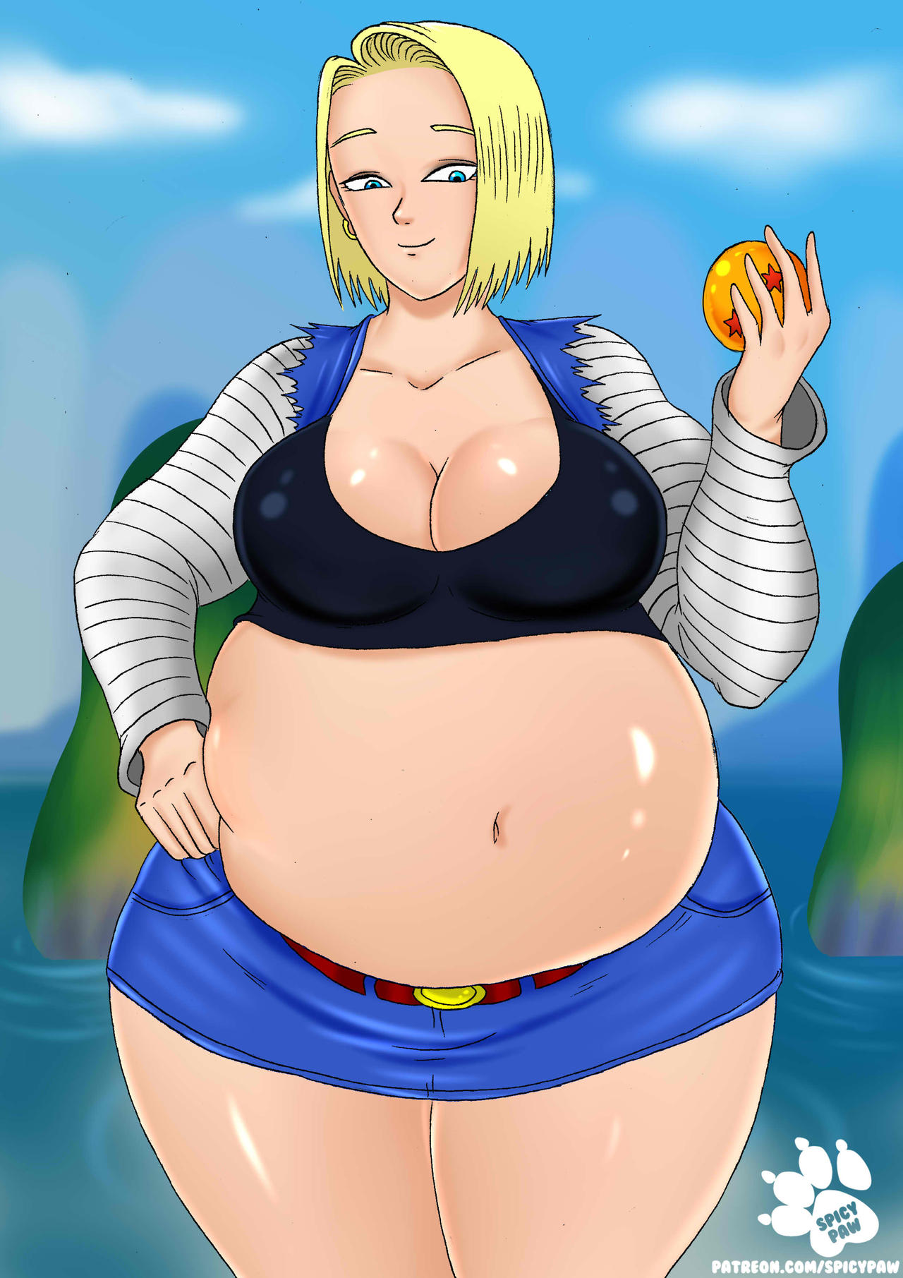 1girls android_18 bbw belly big_belly big_breasts blonde_hair breasts cleavage dragon_ball dragon_ball_z fat female large_belly large_breasts overweight spicypaw thick_thighs thighs