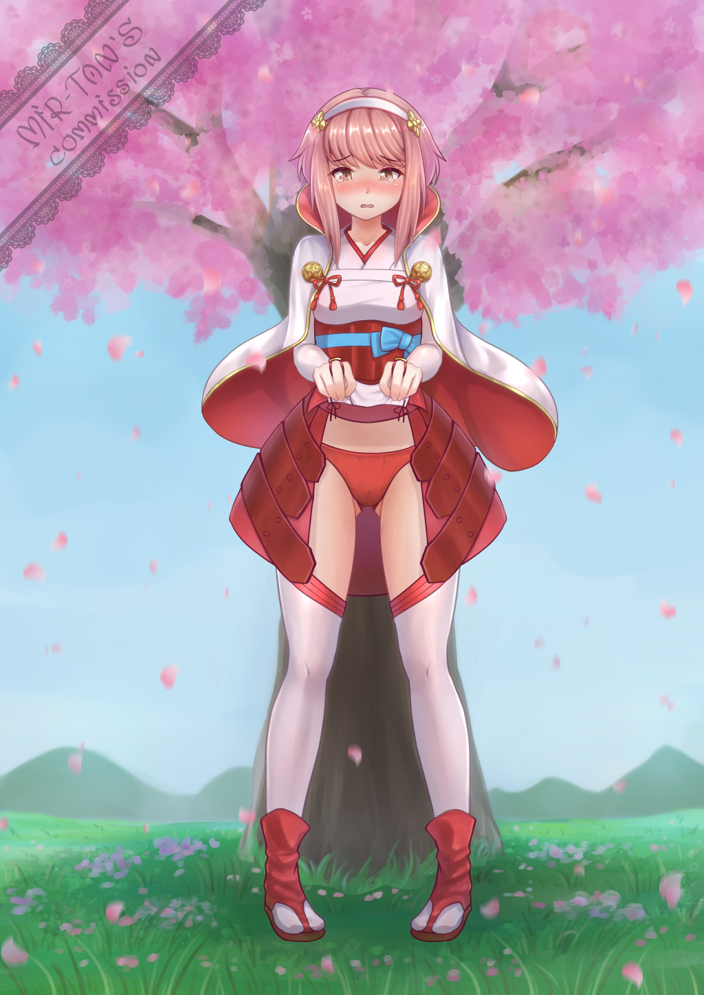 1girls ass_visible_through_thighs bangs bare_thighs blush cherry_blossom_tree cherry_blossoms clothes_lift embarrassed female female_only fire_emblem fire_emblem_fates frown full_body hairband inner_thighs lifted_by_self looking_at_viewer mir_fille_de_meiou nintendo outdoors panties petals pink_eyes pink_hair presenting presenting_panties red_panties sakura_(fire_emblem) short_hair skirt_lift solo thighhighs thighs tree upskirt