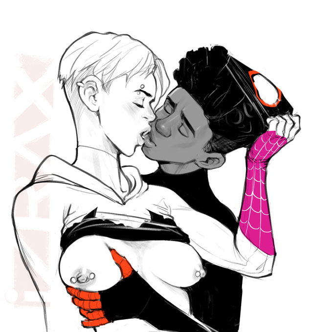 almost kissing, artist name, black hair, breast grab, breast squeeze, breasts, breasts out, character name, copyright name, couple, dark skin, dark-skinned male, exposed breasts, eyebrow piercing, female, gwen stacy, hair on head, interracial, izra, kissing, male, male/female, marvel, marvel comics, miles morales, nipples, pierced nipples, piercings, shirt up, sketch, spider-gwen, spider-man, spider-man (series), spider-man: into the spider-verse, straight, superhero, superheroine, teenage couple