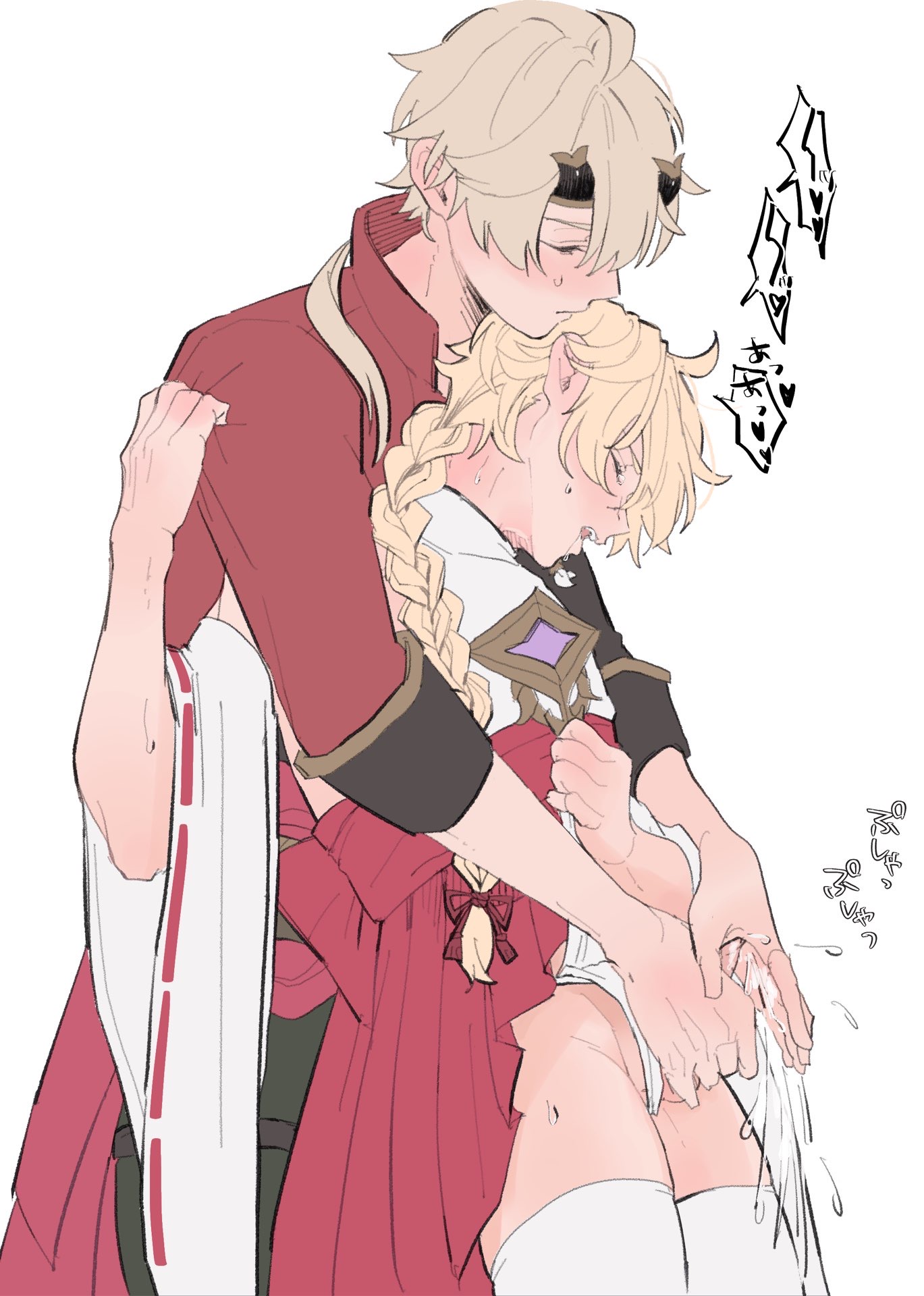 2boys, aether (genshin impact), colored, crossdressing, cum, cum on hand, cumming, gay, genshin impact, handjob, male, male only, n eoe24 (twitter), thoma (genshin impact), yaoi
