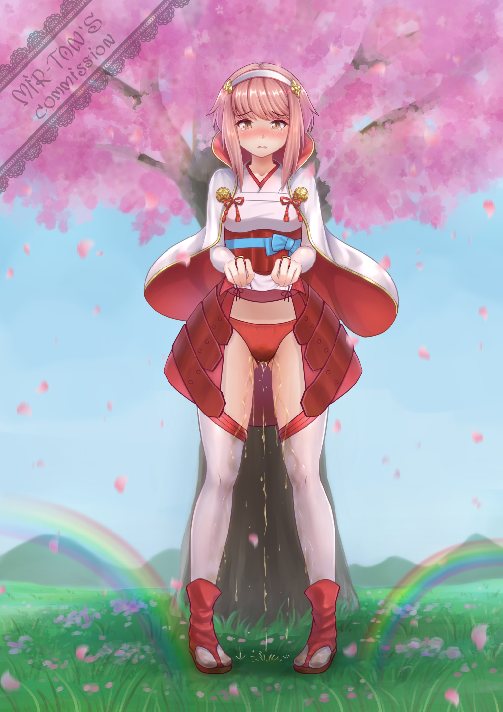 1girls ass_visible_through_thighs bangs bare_thighs blush cherry_blossom_tree cherry_blossoms clothes_lift embarrassed female female_only fire_emblem fire_emblem_fates frown full_body hairband inner_thighs lifted_by_self looking_at_viewer mir_fille_de_meiou nintendo outdoors panties peeing peeing_self petals pink_eyes pink_hair presenting presenting_panties rainbow red_panties sakura_(fire_emblem) short_hair skirt_lift solo thighhighs thighs tree upskirt urine wet_panties