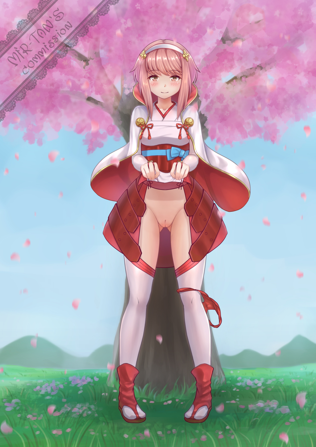 1girls ass_visible_through_thighs bangs bare_thighs cherry_blossom_tree cherry_blossoms clothes_lift female female_only fire_emblem fire_emblem_fates full_body hairband inner_thighs lifted_by_self looking_at_viewer mir_fille_de_meiou nintendo no_panties outdoors panties panties_around_leg panties_down petals pink_eyes pink_hair presenting pussy red_panties sakura_(fire_emblem) short_hair skirt_lift smile solo thighhighs thighs tree underwear upskirt