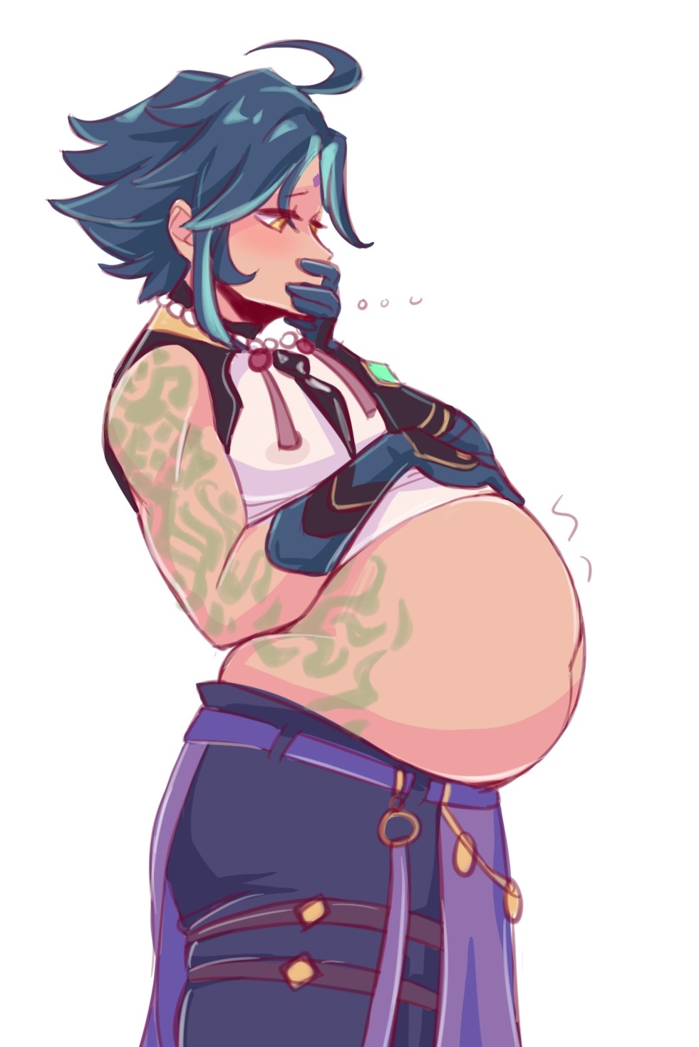 1boy belly belly_bulge belly_expansion big_belly expansion femboy gay geep genshin_impact hand_on_belly inflation male male_pregnancy mpreg oral_vore pregnancy pregnant pregnant_male solo vore xiao_(genshin_impact)