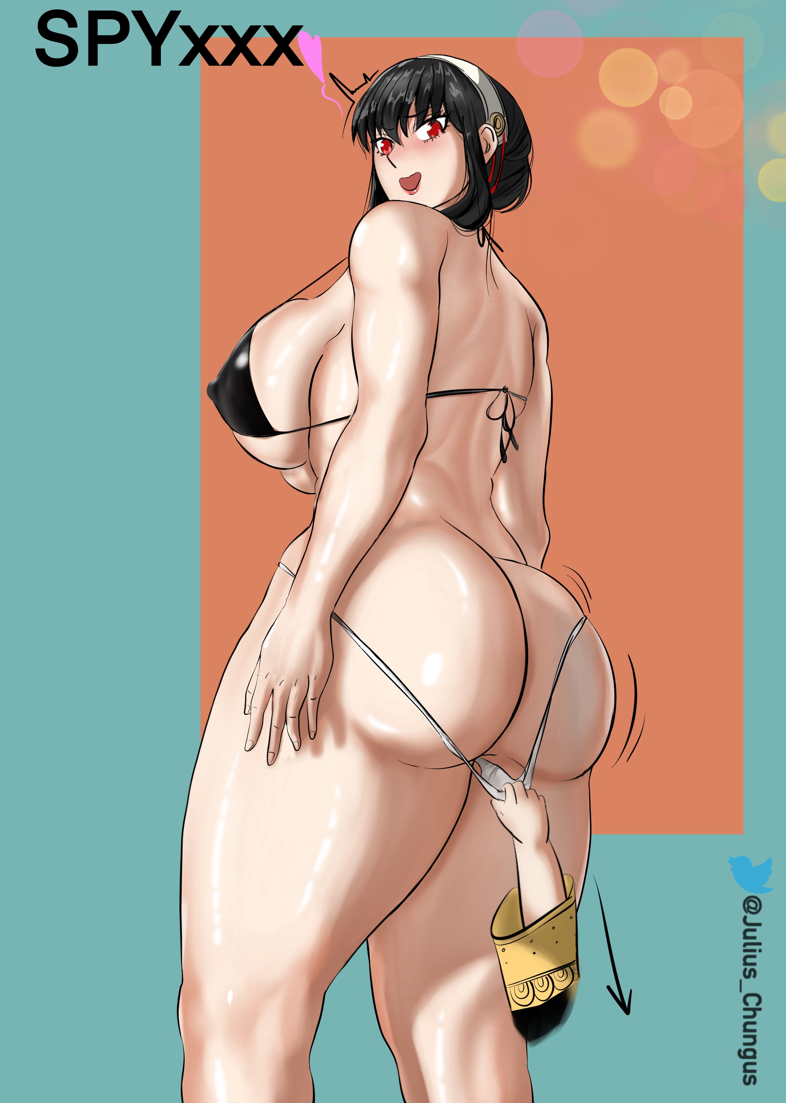 1girls, abs, areolae, bare breasts, bare shoulders, black hair, blush, breasts, curvy, erect nipples, eyelashes, female, female only, gigantic breasts, huge areolae, huge breasts, kokuji788, large breasts, light skin, light-skinned female, long hair, nipples, pulling panties, red eyes, shiny skin, smile, solo, spy x family, thick thighs, thighs, wide hips, yor briar