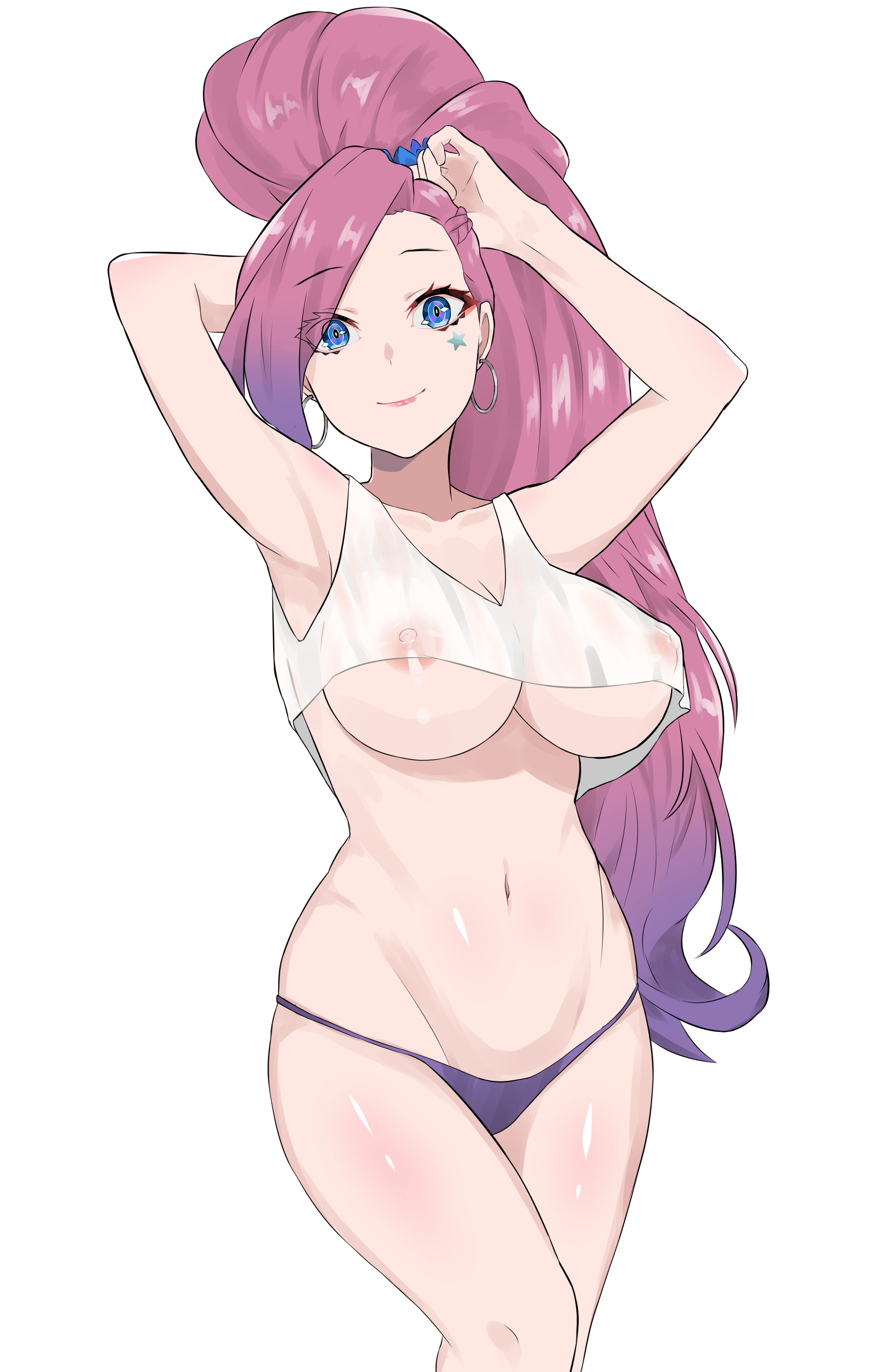1girls, arms up, blue eyes, breasts, crop top, davyonmartz, earring, eyeshadow, facial mark, female, league of legends, long hair, looking at viewer, makeup, navel, nipples, panties, pink hair, ponytail, purple hair, purple panties, see-through, seraphine (league of legends), simple background, smile, solo, star, tank top, two-tone hair, underboob, underwear, very long hair, white background