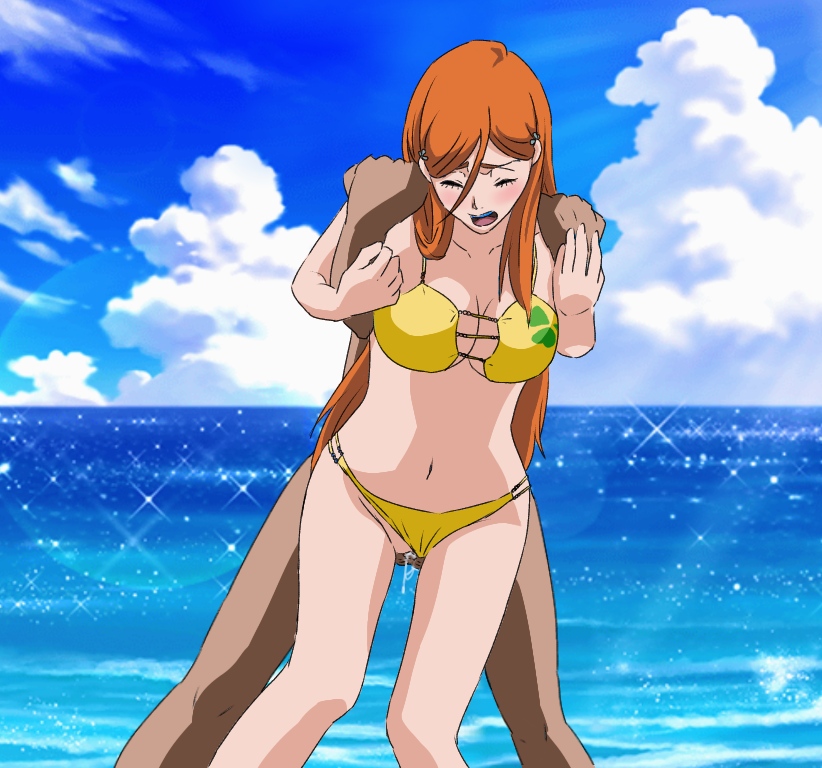 1boy, 1girls, beach, big breasts, bikini, bikini aside, bleach, bleach brave souls, breasts, cheating, duo, duo focus, faceless male, female, female penetrated, grabbing, grabbing from behind, inoue orihime, long hair, male, male penetrating, male penetrating female, male/female, mr trace mosha, netorare, ntr, orange hair, outdoors, pussy, rape, standing, standing sex, swimsuit aside, vaginal penetration, vaginal sex