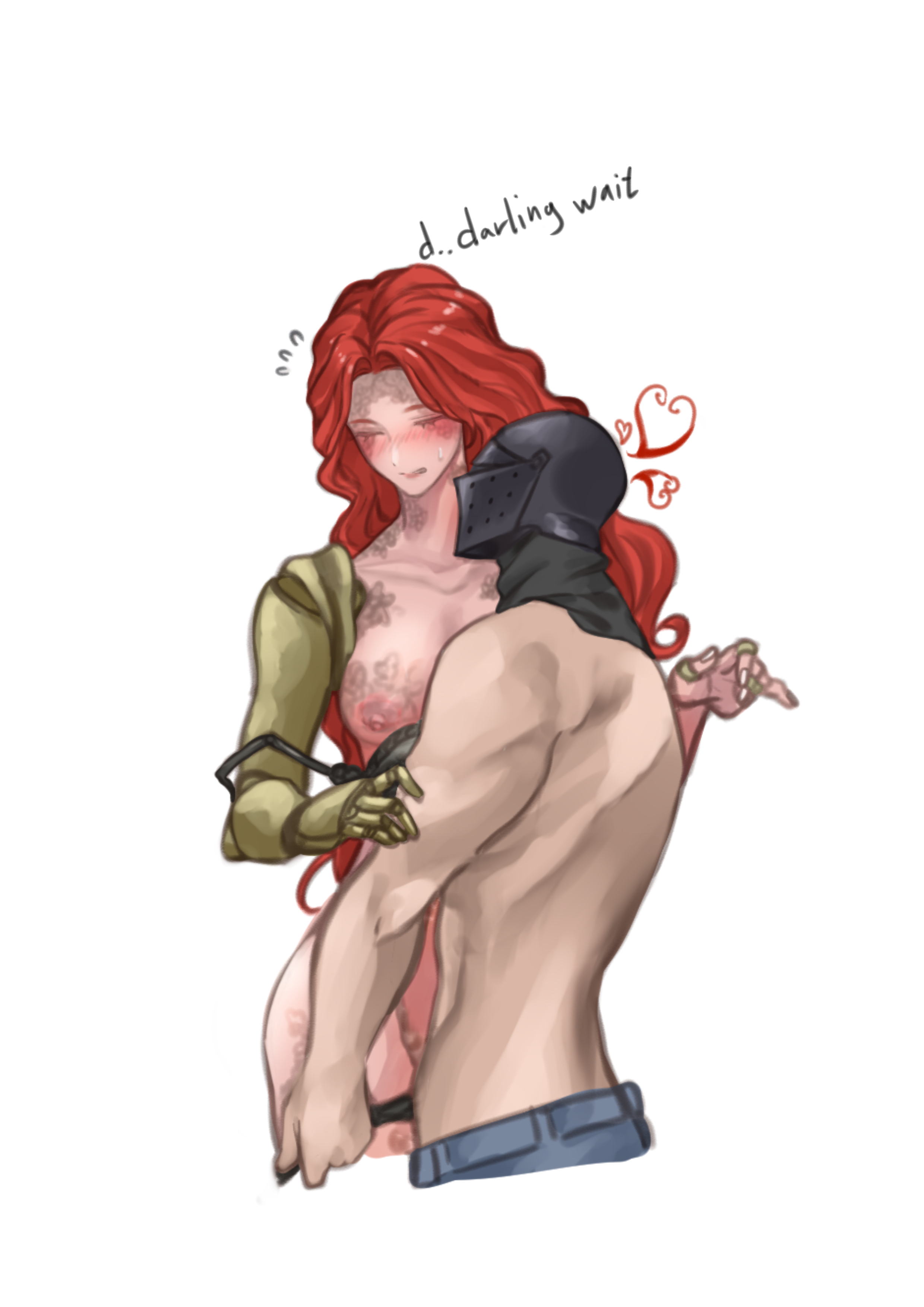 1boy, 1girls, big breasts, breasts, cleavage, elden ring, embarrassed nude exposure, female, fromsoftware, illip, male, malenia blade of miquella, masked male, tarnished, topless, undressing, wholesome