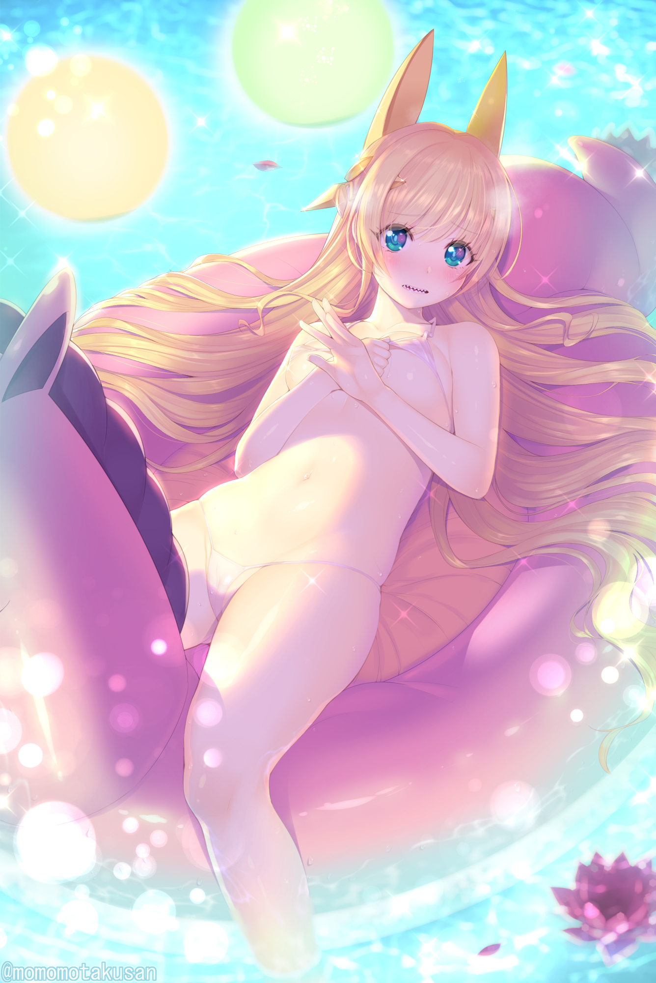 ball (object), bangs, bare legs, bikini, blonde hair, blue eyes, blush, breasts, cameltoe, collarbone, covered erect nipples, embarrassed, eyebrows visible through hair, fantasy bishoujo juniku ojisan to, female, flower, genderswap, genderswap (mtf), hair between eyes, hair ornament, highres, innertube, kashiwamochi yomogi, light particles, long hair, looking at viewer, lying, micro bikini, navel, on back, parted lips, petals, pussy, rule 63, sharp teeth, small breasts, solo, stomach, swept bangs, swimsuit, tachibana hinata (fabiniku), tachibana hinata (fantasy bishoujo), teeth, twitter username, very long hair, water, watermark, wet, white bikini