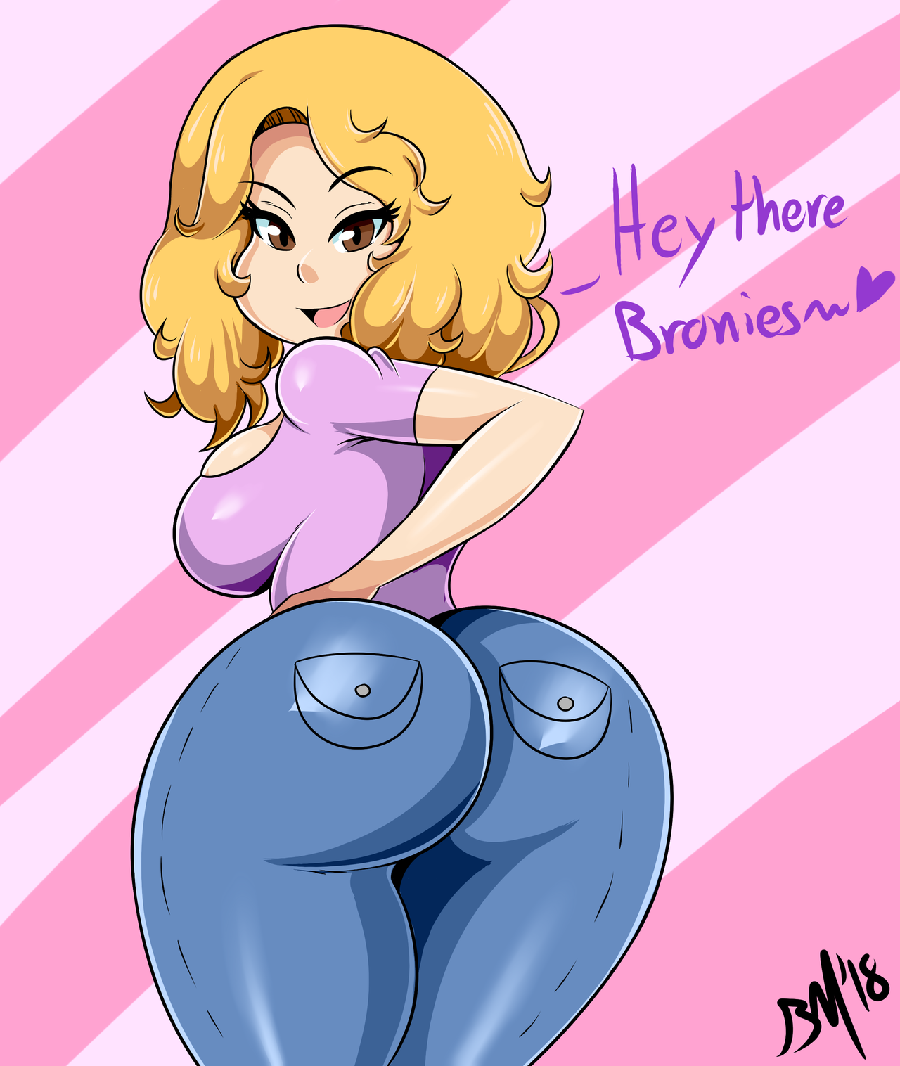 1girl, 1girls, 2d, 2d (artwork), 2d art, 2d artwork, artist signature, ass, back pockets, big ass, big butt, blonde hair, blue jeans, bmayneart, brown eyes, butt, digital art, digital drawing, digital drawing (artwork), digital media, digital media (artwork), female, female only, fully clothed, jeans, looking at viewer, looking back, purple shirt, real person, round ass, seams, showing off ass, solo, tara strong, teasing, teasing viewer, tight jeans, wide hips