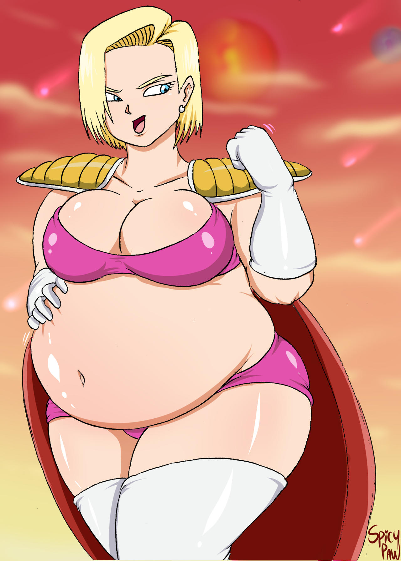 1girls android_18 bbw belly big_belly big_breasts blonde_hair breasts dragon_ball dragon_ball_z fat female huge_belly obese obese_female overweight spicypaw