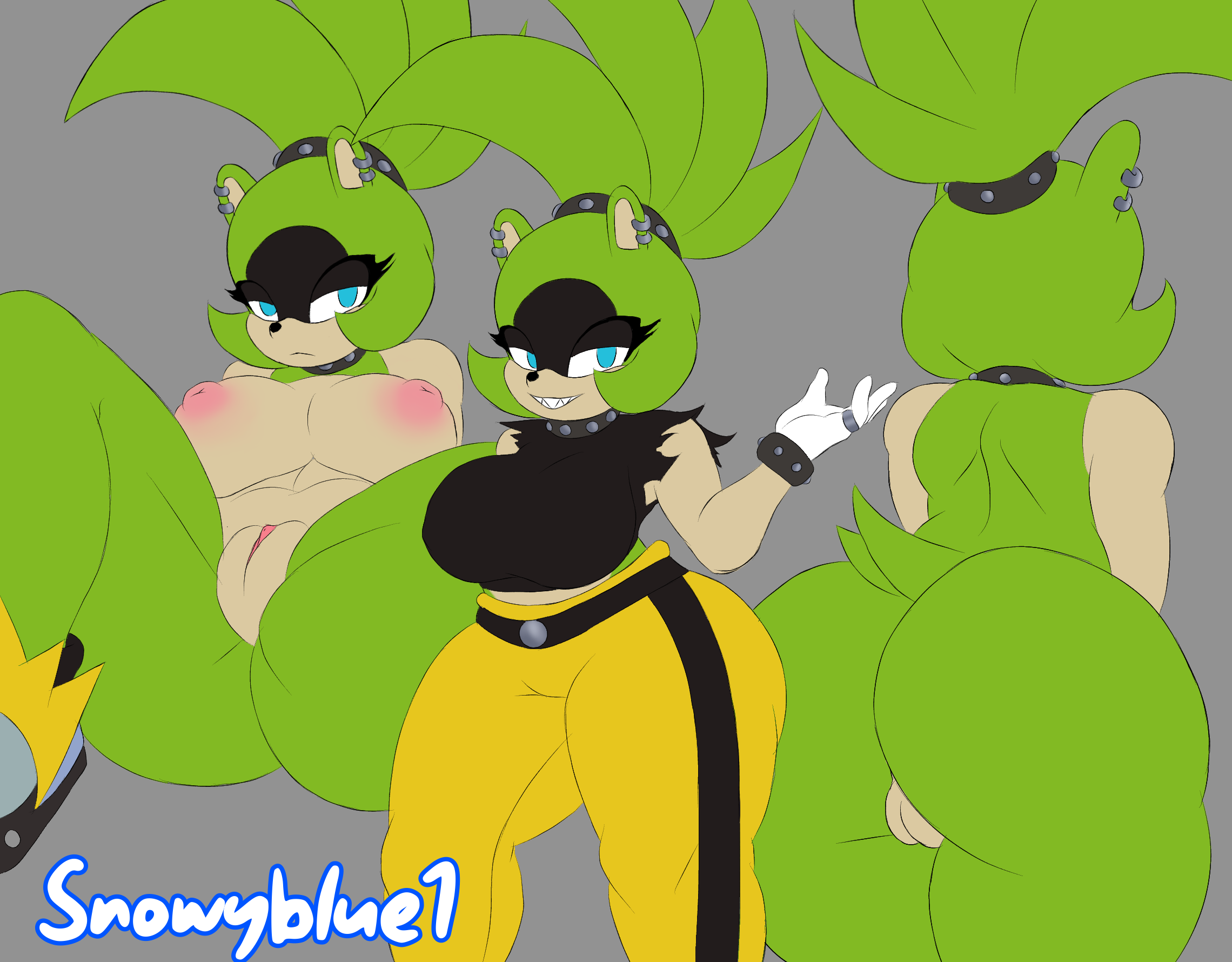 anthro, ass, belt, big ass, black clothing, blue eyes, breasts, choker, earrings, facing away, facing viewer, female, gloves, green hair, hair ornament, huge ass, idw comics, idw publishing, midriff, mobian (species), multiple females, multiple girls, naked, nipples, pink nipples, pussy, rings, sega, snowyblue, sonic (series), sonic the hedgehog (comics), sonic the hedgehog (idw), sonic the hedgehog (series), spread legs, standing, surge the tenrec, teeth, torn clothes