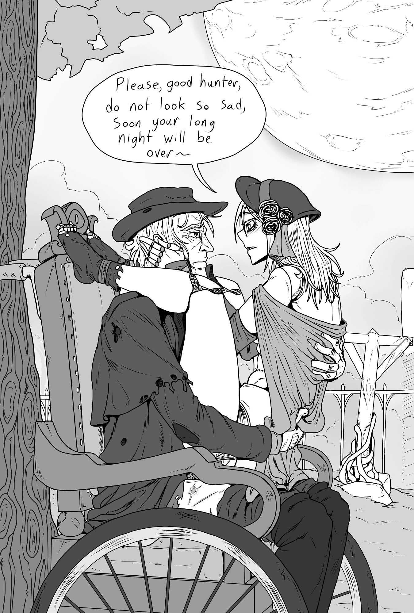 1girls, 2d, ambiguous penetration, bloodborne, bonnet, dialogue, doll, doll joints, english text, female, fromsoftware, gehrman the first hunter, hat, hunter (bloodborne), kiahl, lobsterkiahl, male, male/female, older male, plain doll, sex, sitting, sitting on lap, speech bubble, text, wheelchair