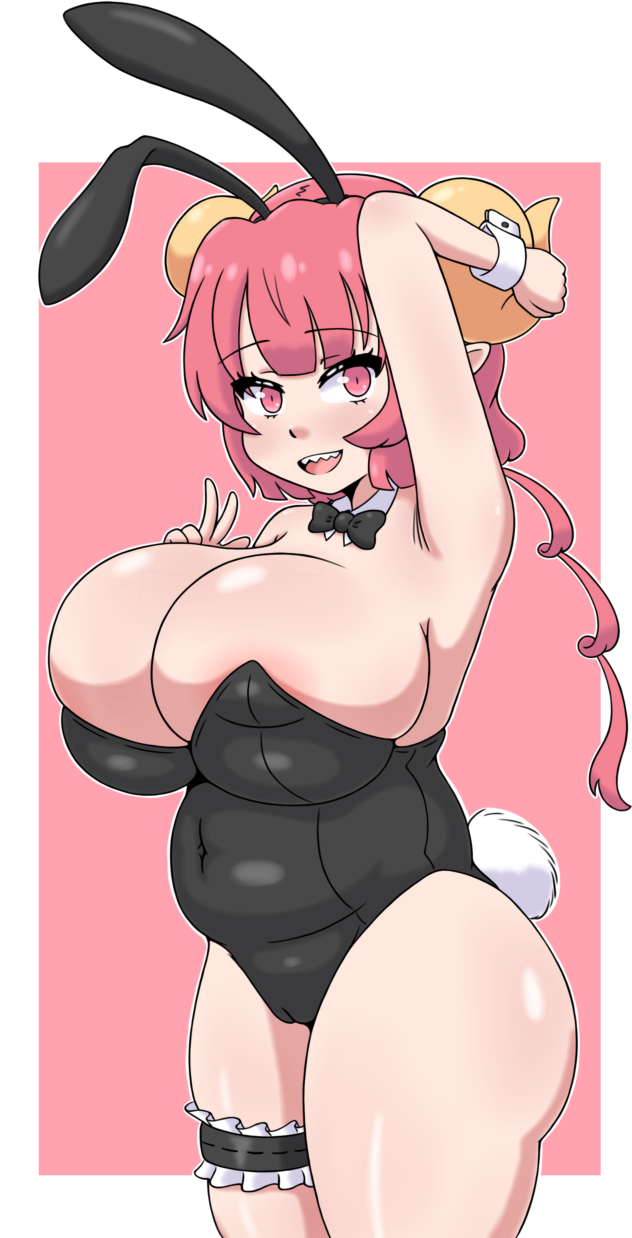 1girls, ass, breasts, bunny ears, bunny tail, bunnysuit, cameltoe, chubby, dragon, dragon girl, female, female only, hand on head, horn, huge breasts, ilulu (dragon maid), light skin, light-skinned female, looking at viewer, miss kobayashi's dragon maid, peace sign, pussy, red eyes, red hair, shiny skin, solo, solo focus, thighs, winzaku (asakura)
