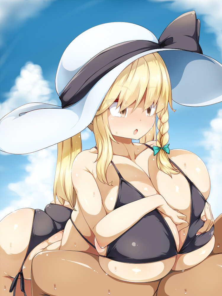 1boy 1boy1girl 1girls ass bikini black_bikini blonde_hair braid breast_squeeze breasts concealing_penis dark-skinned_male dark_skin engulfing_paizuri female green_ribbon hat hidden_sexual_act huge_breasts light-skinned_female light_skin looking_at_partner marisa_kirisame paizuri ponytail public public_sex raiden_(raiden_labo) ribbon sex shiny_skin sky straight straight_sex sweat sweatdrop sweating touhou white_hat yellow_eyes