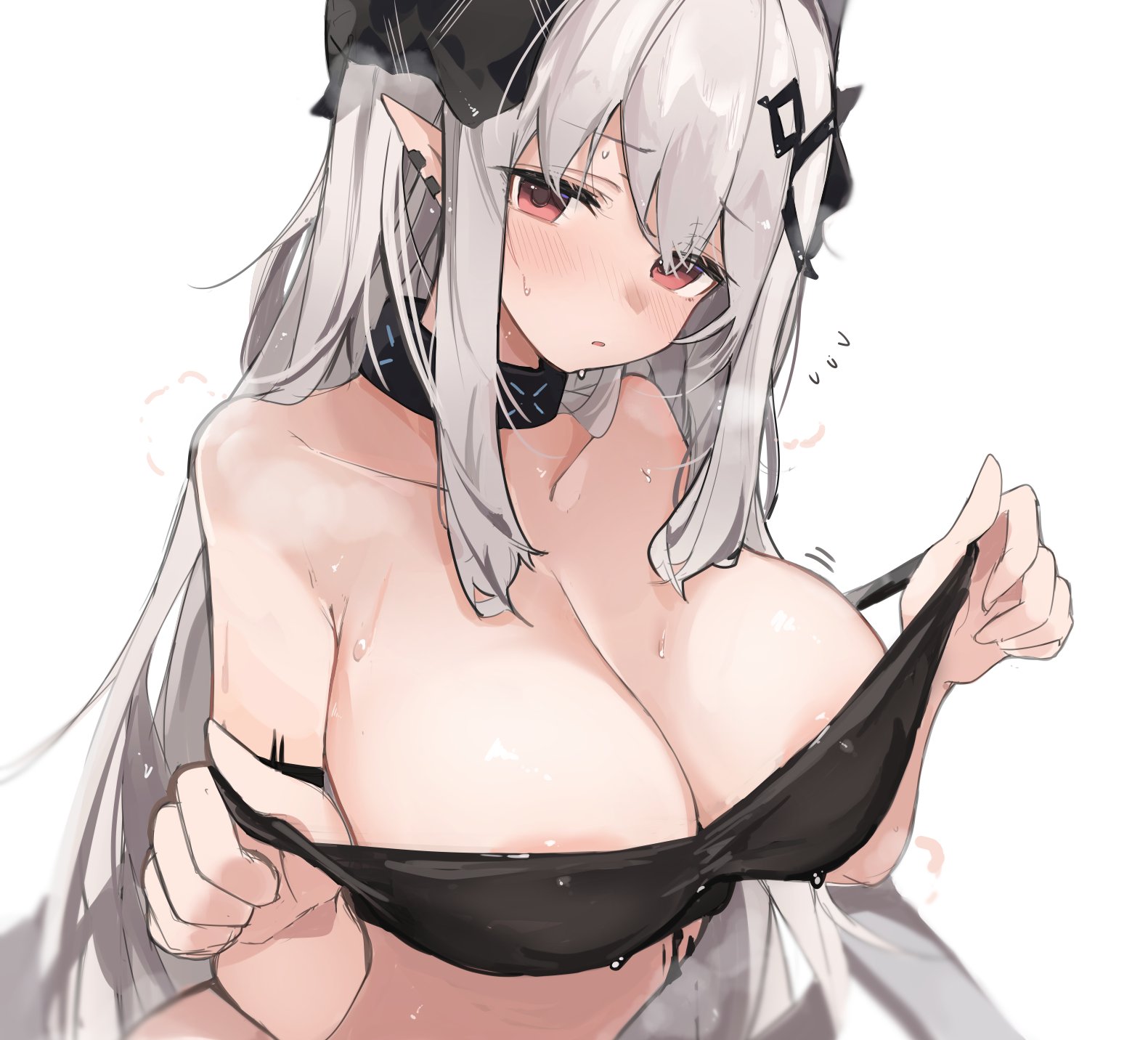 adjusting clothes, areola slip, areolae, arknights, breasts, brown eyes, cleavage, collar, eyebrows visible through hair, female, highres, large breasts, long hair, looking at viewer, midriff, mikozin, mudrock (arknights), pointy ears, standing, wet, white background, white hair