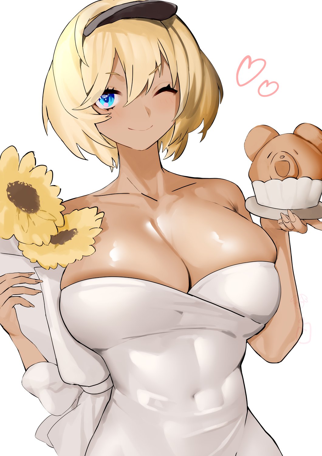 1girls aiushi_(lovecowjp) alternate_costume azur_lane blonde_hair blue_eyes breasts california_(azur_lane) cleavage covered_navel dress eagle_union_(azur_lane) female flower food heart highres holding holding_flower holding_food huge_breasts one_eye_closed short_hair simple_background skindentation solo strapless strapless_dress sunflower tan-skinned_female tan_skin taut_clothes taut_dress white_background white_dress