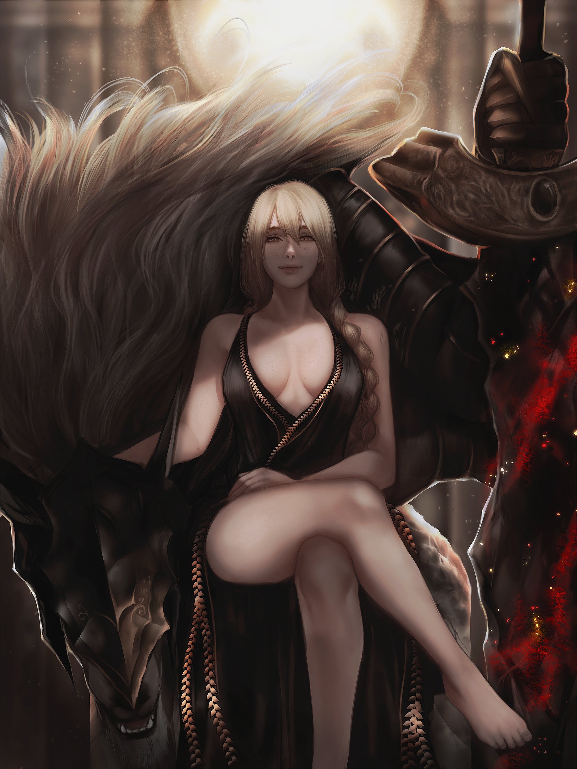 1girls, alternate hairstyle, big breasts, blonde hair, breasts, cleavage, crossed legs, dress, elden ring, feet, female, fromsoftware, legs crossed, light skin, light-skinned female, looking at viewer, maliketh the black blade, painting (artwork), queen marika the eternal, raviolliess, sitting, thick thighs, thighs