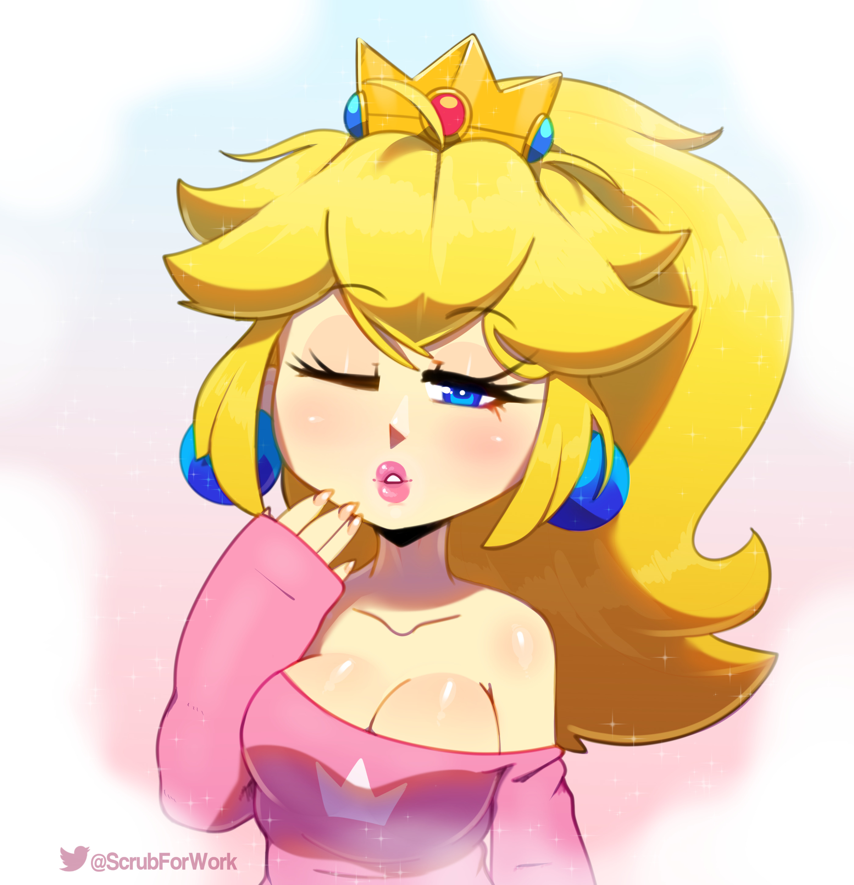 1girls, big lips, cleavage, female, mario (series), nintendo, no bra, painted nails, ponytail, princess peach, sleepy, solo, somescrub, sweater, tagme, wink