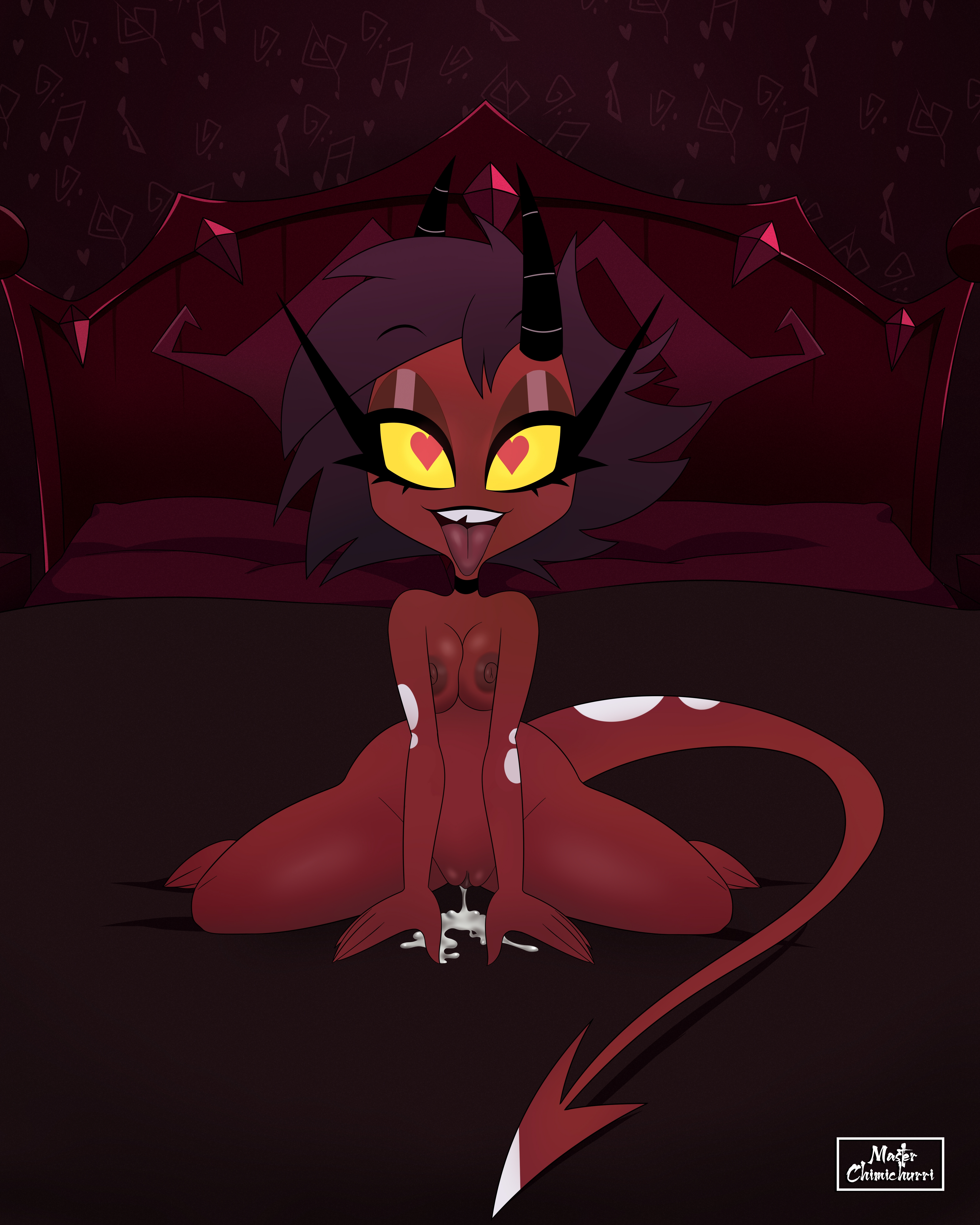 1girls, bare shoulders, barefoot, bed, bedroom, black hair, bottomless, breast squeeze, breasts, completely nude, cum, cum drip, cum dripping, cum in pussy, cum inside, demon, demon girl, demon horns, demon tail, female, female focus, female only, heart-shaped pupils, helluva boss, horns, humanoid, imp, leaking cum, master chimichurri, millie (helluva boss), naked, naked female, no bra, no panties, nude, nude female, pleasure face, pussy, red skin, smile, submissive, submissive female, tail, topless, vivienne medrano