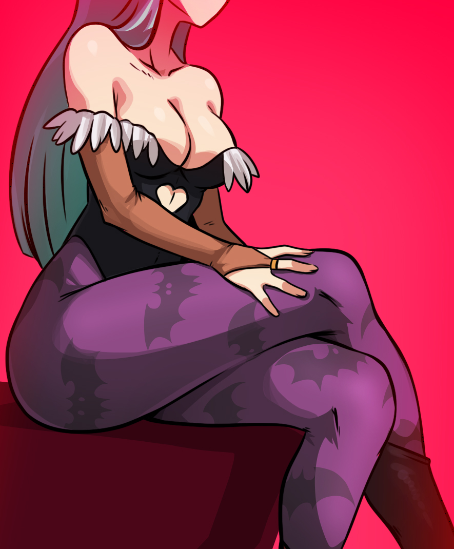 1girls, bare shoulders, big breasts, blue hair, breasts, cleavage, clothing, crossed legs, darkstalkers, demon, demon girl, female, hand on leg, legs crossed, light skin, long hair, long sleeves, looking to the side, medium breasts, morrigan aensland, mosbles, navel cutout, pantyhose, pink background, ring, simple background, sitting, skimpy, strapless leotard, succubus, thick thighs, tight clothing, wide hips