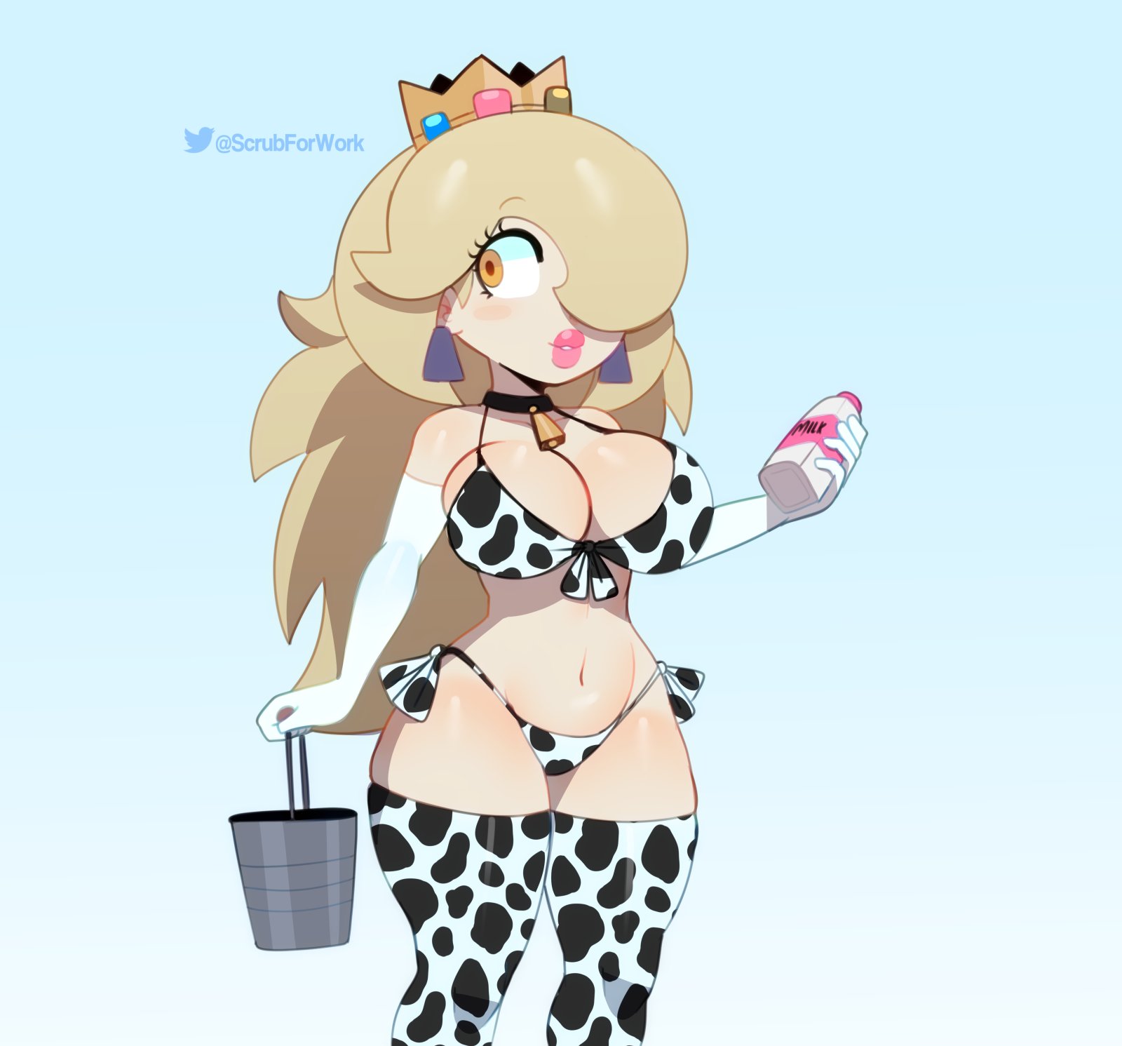 big breasts, big lips, blonde hair, bra, breasts, cleavage, cow bikini, cow print, female, human, jpeg, mario (series), milk, nintendo, oc, original character, platinum blonde hair, shortstack, shortstackification, somescrub, tagme, thong