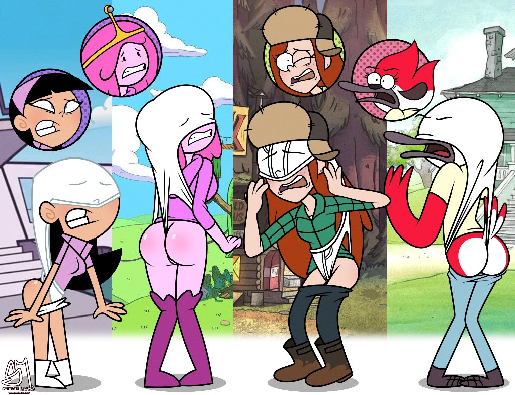 4girls accurate_art_style adventure_time ass atomic_wedgie avian_humanoid big_ass big_breasts big_butt bird black_hair blue_sky cartoon_network clenched_teeth cloud crossover disney female female_only flannel_shirt from_behind grass gravity_falls green_shirt hood_down house human knees_together_feet_apart margaret_smith_(regular_show) miniskirt multiple_girls nickelodeon one_eye_closed outdoorsfull_body pain panties pants_down pants_pull pigeon-toed pink_hair pink_skin princess_bubblegum regular_show semidraws short_sleeves small_breasts staircase stairs standing straight_hair style_parody the_fairly_oddparents tree trixie_tang ushanka wedgie wendy_corduroy white_skirt