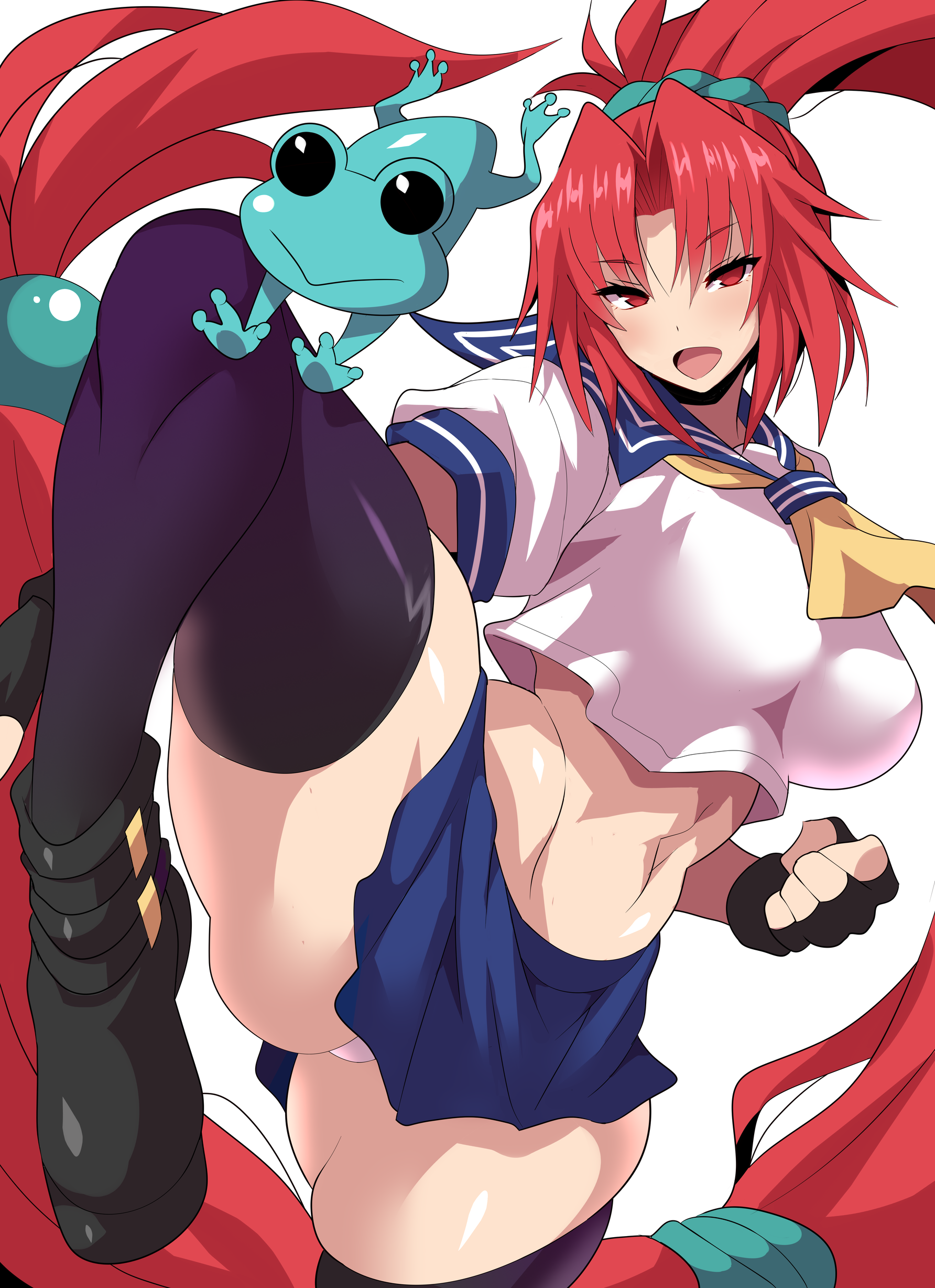 1girls, absurd res, alternate breast size, anime style, asuka 120 percent, breasts, female, female only, gloves, hi res, karina toyota, konno tohiro, looking at viewer, midriff, panties, pose, red eyes, red hair, red-haired female, skirt, solo, thighhighs, thighs, white background