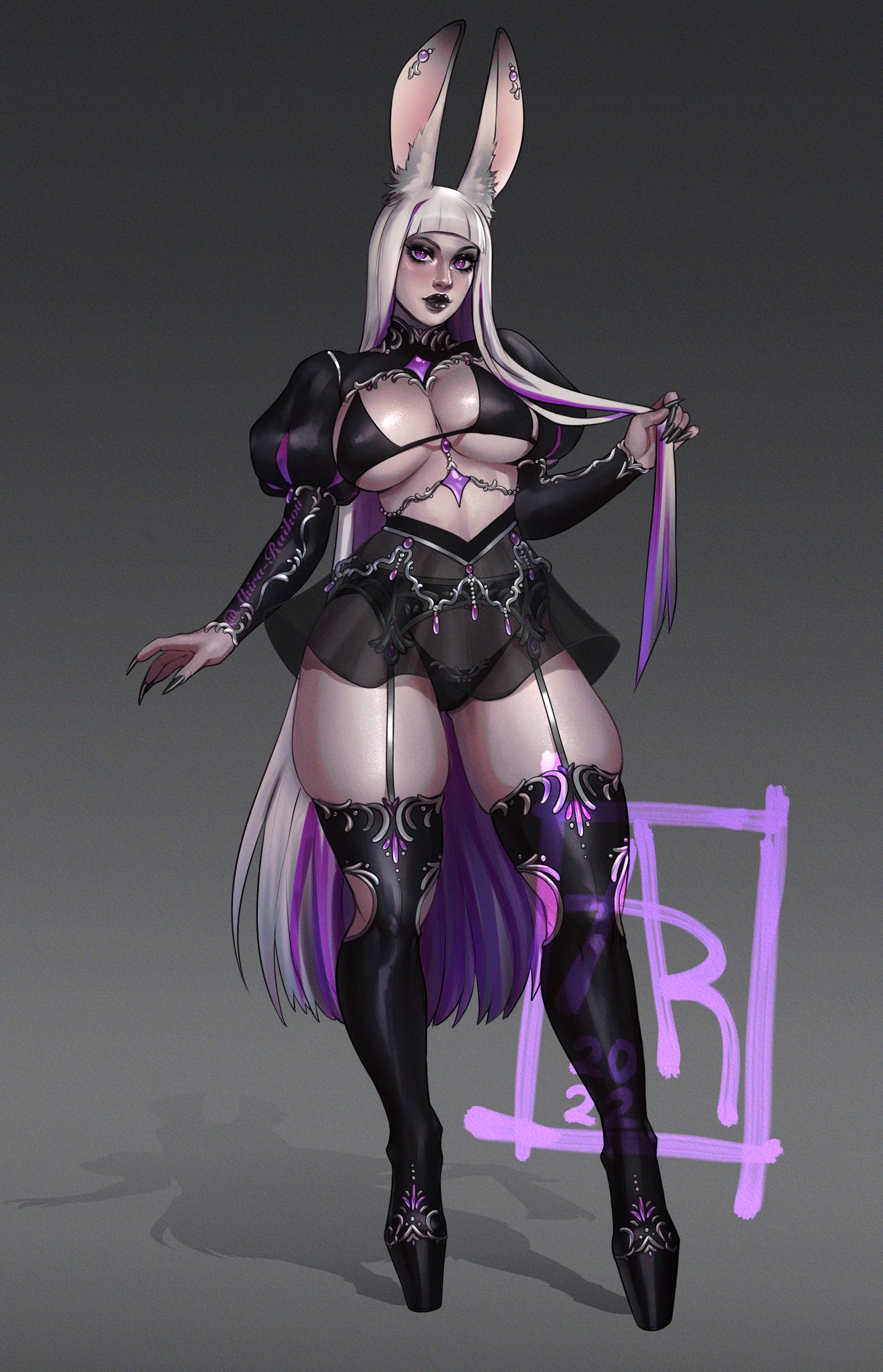 1girls, akira raikou, big breasts, big thighs, bikini, black lips, black lipstick, black thighhighs, breasts, bunny ears, bunny girl, clothed, clothed female, covered breasts, female, grey background, high heels, holding hair, light skin, light-skinned female, long hair, looking at viewer, multicolored hair, pale skin, pale-skinned female, pinup, purple hair, sharp fingernails, solo, solo female, standing, thighhighs, underwear, white hair