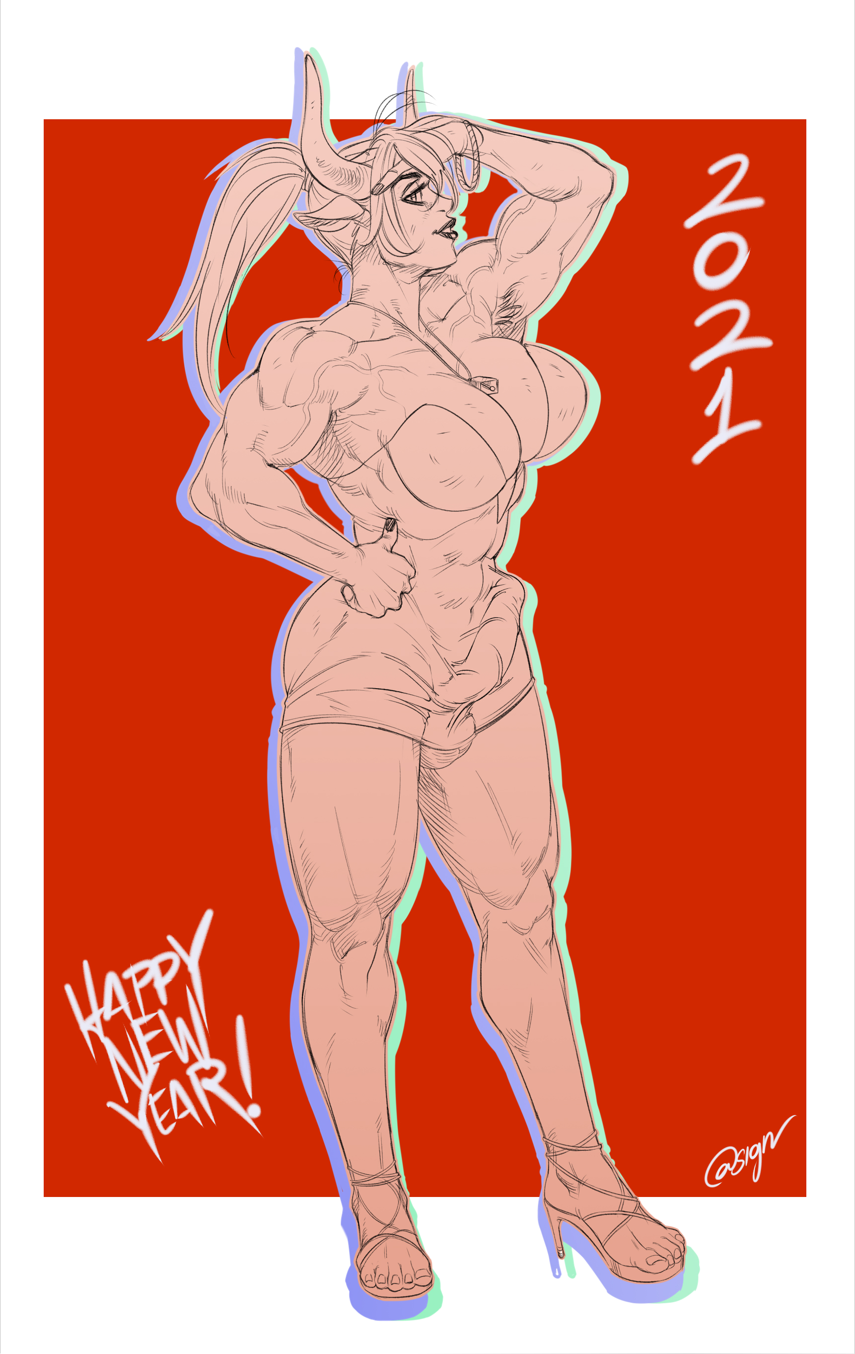 1futa, armpit hair, atsign34, balls, big breasts, big penis, bodysuit, breasts, bulge, clothed, clothing, erection, erection under clothes, fully clothed, futa only, futanari, horns, humanoid, humanoid penis, intersex, large breasts, looking at viewer, muscular, muscular futa, partially colored, penis, solo, standing, tagme