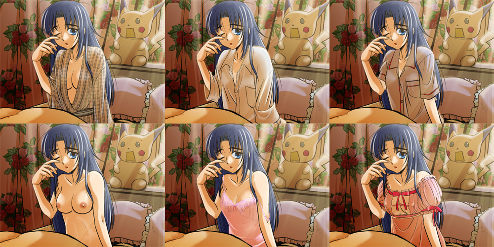 alternate_breast_size asakura_ryouko bed blue_eyes blue_hair cleavage large_breasts long_hair nightgown pikachu pillow pokémon_(species) pokemon pokemon_rgby sentape sleepy suzumiya_haruhi_no_yuuutsu waking_up wink