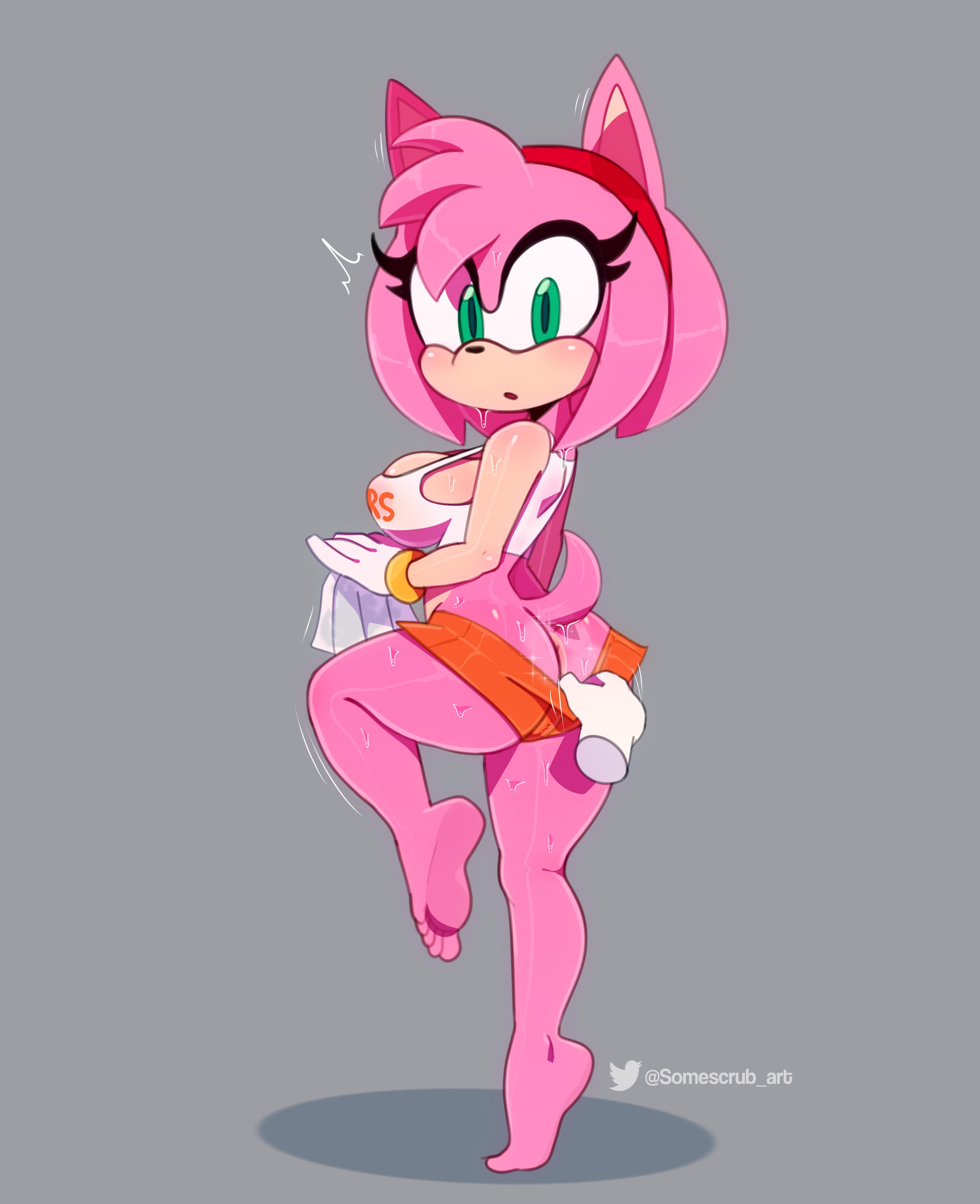 amy rose, anus, ass, ass cleavage, ass crack, assisted exposure, butt crack, disembodied hand, feet, female, female only, hooters, hooters (parody), hooters uniform, nipple bulge, no bra, no panties, somescrub, sonic (series), sweat, sweatdrop, sweaty, sweaty ass, sweaty butt