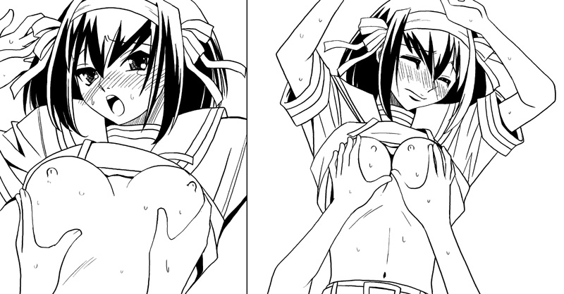 blush closed_eyes erect_nipples groping large_breasts monochrome open_mouth sentape shirt_lift straight suzumiya_haruhi suzumiya_haruhi_no_yuuutsu tears