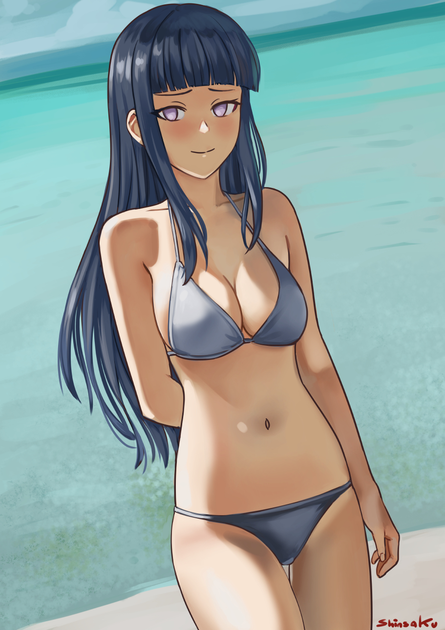 1girls, arms behind back, beach, belly button, bikini, bikini bottom, bikini top, blue bikini, blue hair, blush, breasts, cleavage, clothed, clothing, cute, embarrassed, female, female only, fully clothed, hyuuga hinata, inner sideboob, light skin, light-skinned female, long hair, looking at viewer, medium breasts, naruto, naruto (series), naruto shippuden, ocean, pinup, pose, posing, shinsaku, shounen jump, shy, sideboob, smile, smiling, solo, standing, swimsuit, violet eyes, wide hips