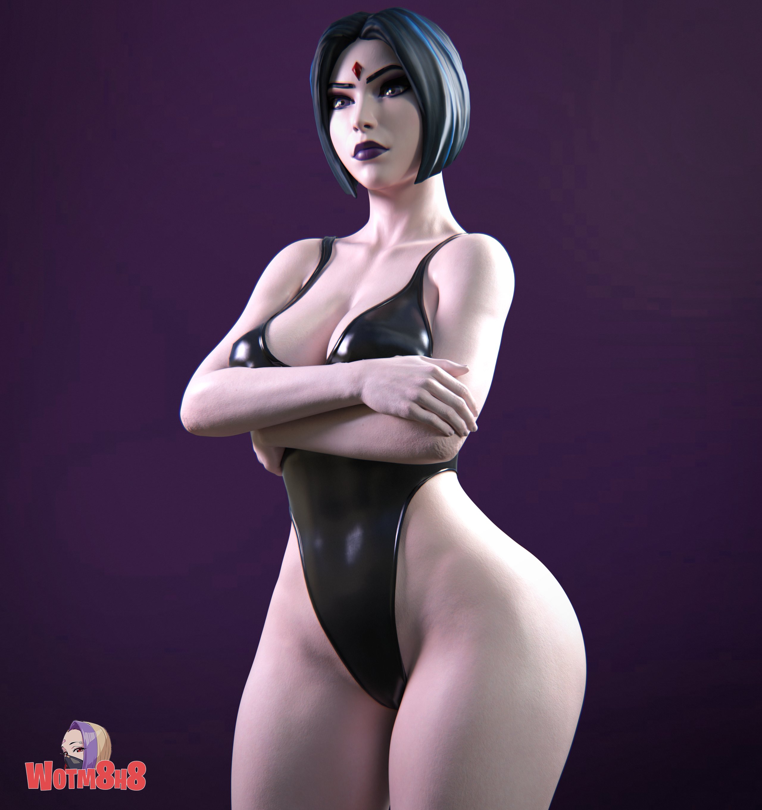 1girls, 3d, 3d (artwork), arms crossed, arms under breasts, breasts, clothed, clothing, dc, dc comics, female, female only, forehead jewel, fortnite, goth, goth girl, looking at viewer, multicolored hair, one-piece swimsuit, rachel roth, raven (dc), raven (fortnite) (dc), superheroine, swimsuit, teen titans, wotm8h8